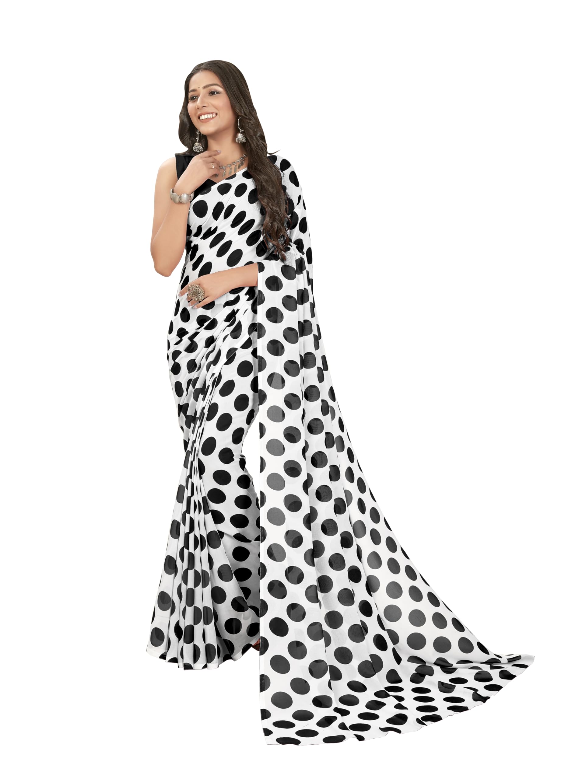 anand sarees Printed, Polka Print Georgette Saree (White, Black)-picture-10