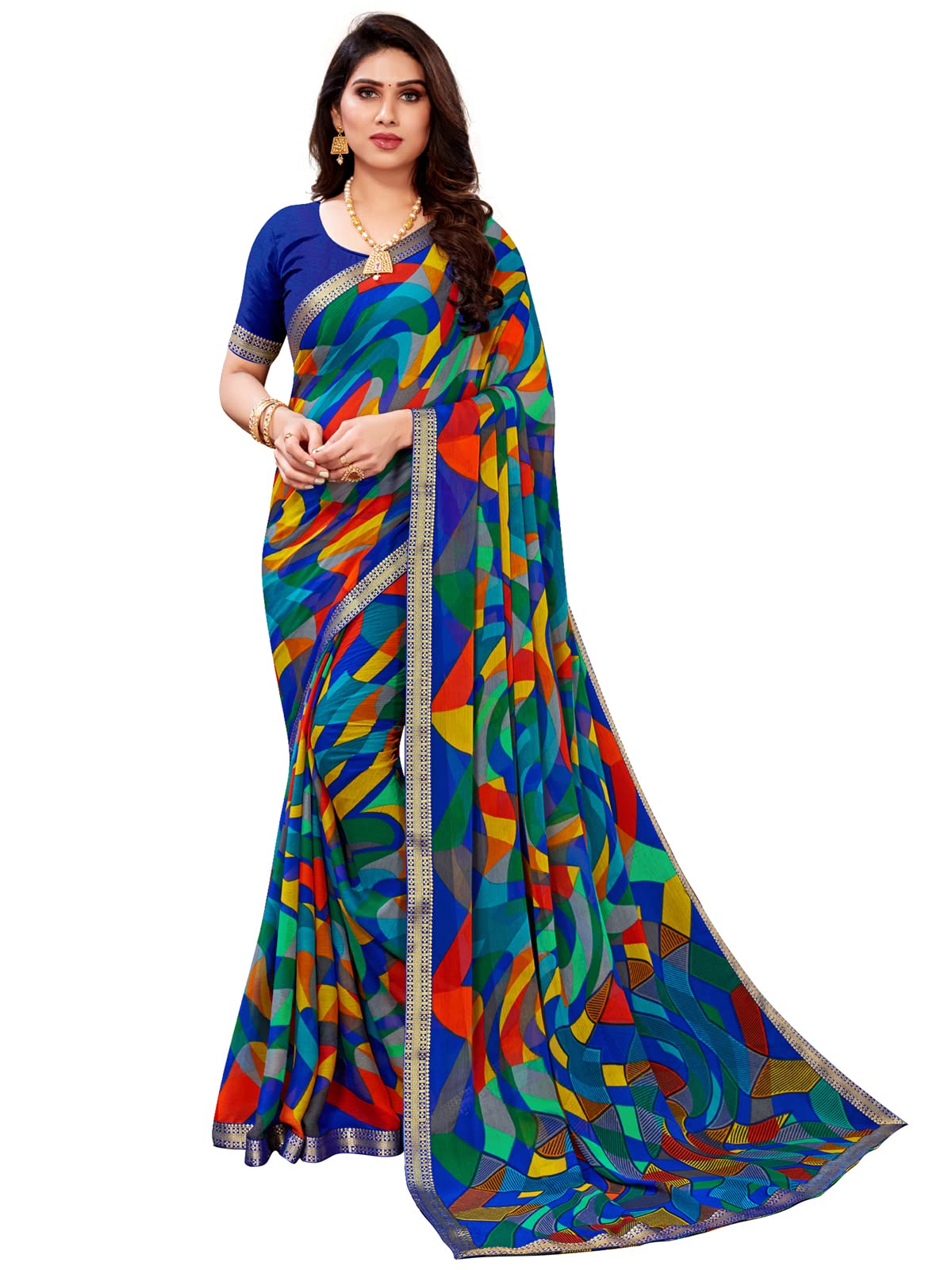 Satrani Women's Lace & Geometric Printed Chiffon Saree With Unstitched Blouse Piece(2212Sn1032_Multi1)