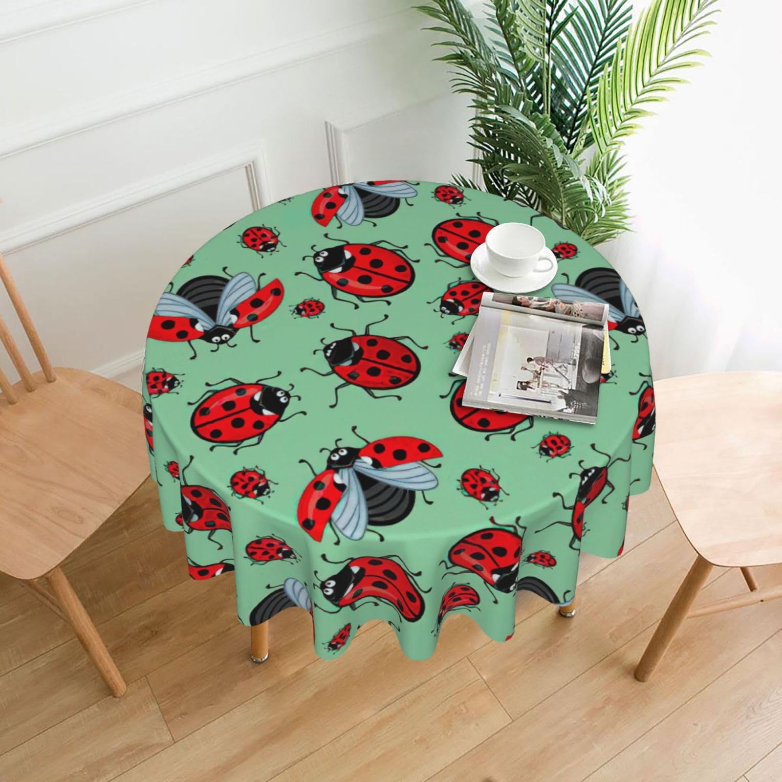 Uusnwaa Red Ladybugs On A Blue Background Print Round Tablecloth 60 Inch, Stain Wrinkle Resistant Washable Polyester Table Cover For Kitchen Party