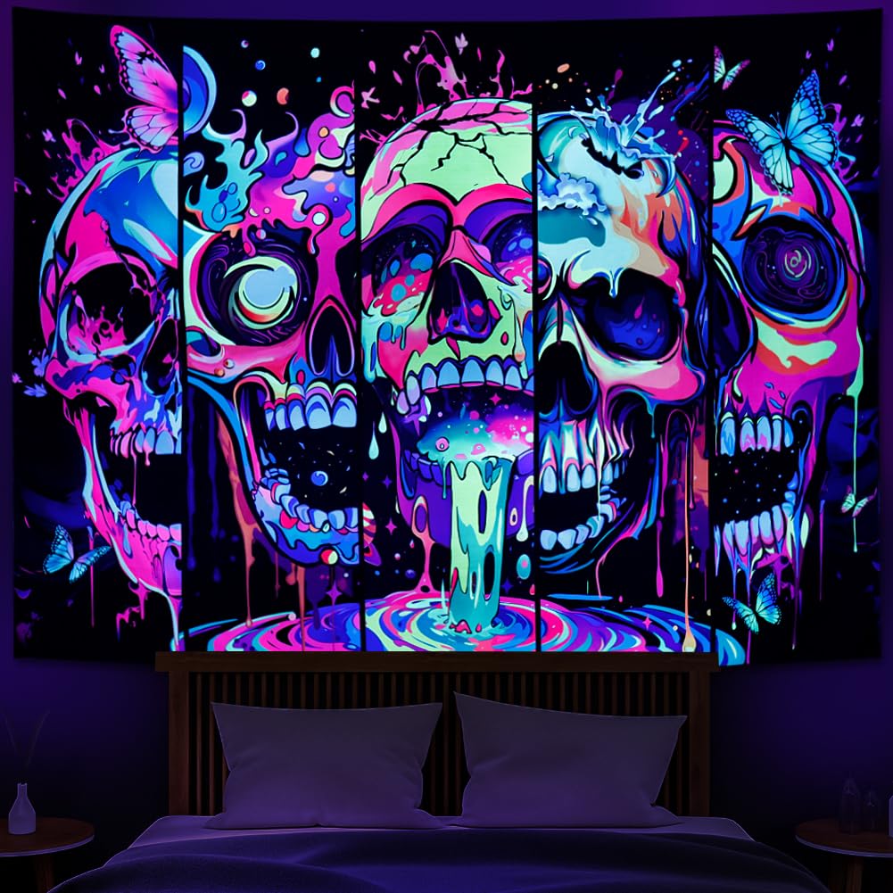 Heopapin Blacklight Skull Art Tapestry UV Reactive Neon Skeleton Butterfly Tapestries Trippy Blacklight Horror Face Tapestry Halloween Aesthetic Wall Decor Tapestries for Home W59×H51