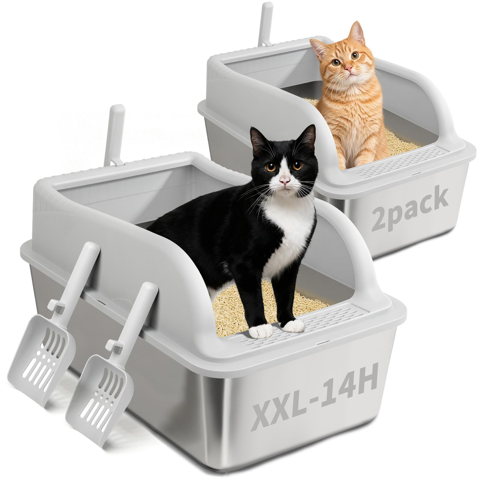 2PACK Stainless Steel Litter Box with Lid, Extra Large Metal Litter Boxes for Big Cats and Kitten, XXL High Sided Littter Box,Odorless,Non-Stick,Easy Cleaning,Scoops Included