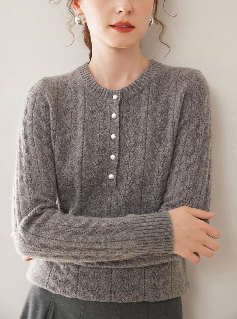 E-girl Maglione da donna 95% cashmere, girocollo, a maniche lunghe, lavorato a maglia, da donna, in lana di cashmere, con crepe, rilassato, SH522