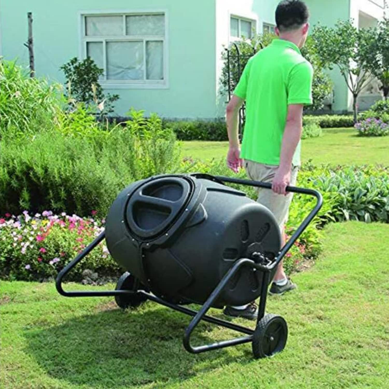 Composteur de 190 L avec roulettes, rotation à 360°, aération de jardin pour compostage extérieur