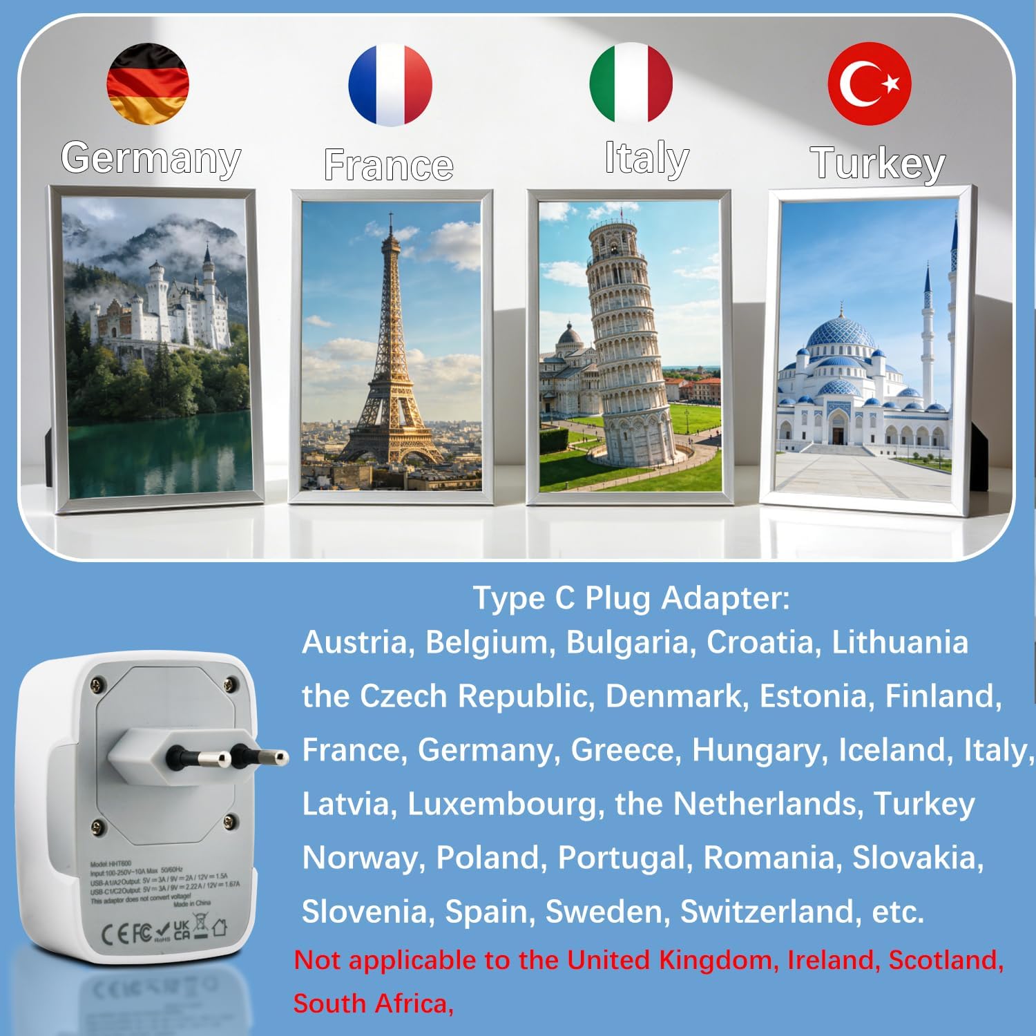 European Travel Power Adapter with 4-Port Charging | 2x 20W USB-C & 2x 18W USB-A Fast Charge | EU Socket for Germany, France, Spain, Italy, Greece & More
