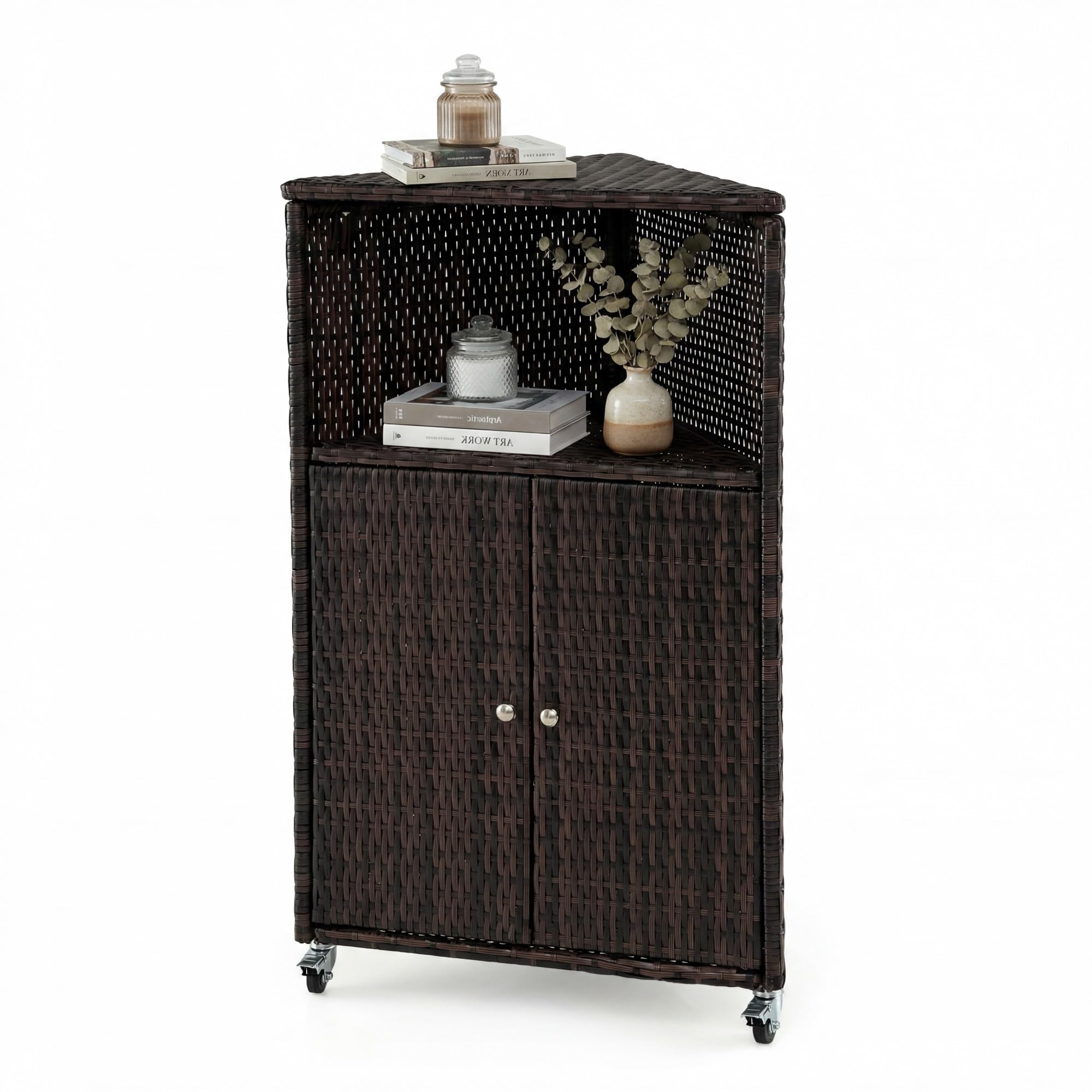 LIFEZEAL Armario de Exterior de Ratán con 2 Niveles y Puertas | Aparador Rodante para Patio Jardín Terraza, Compartimento Abierto, 65x47x111 cm, Resistente al Agua