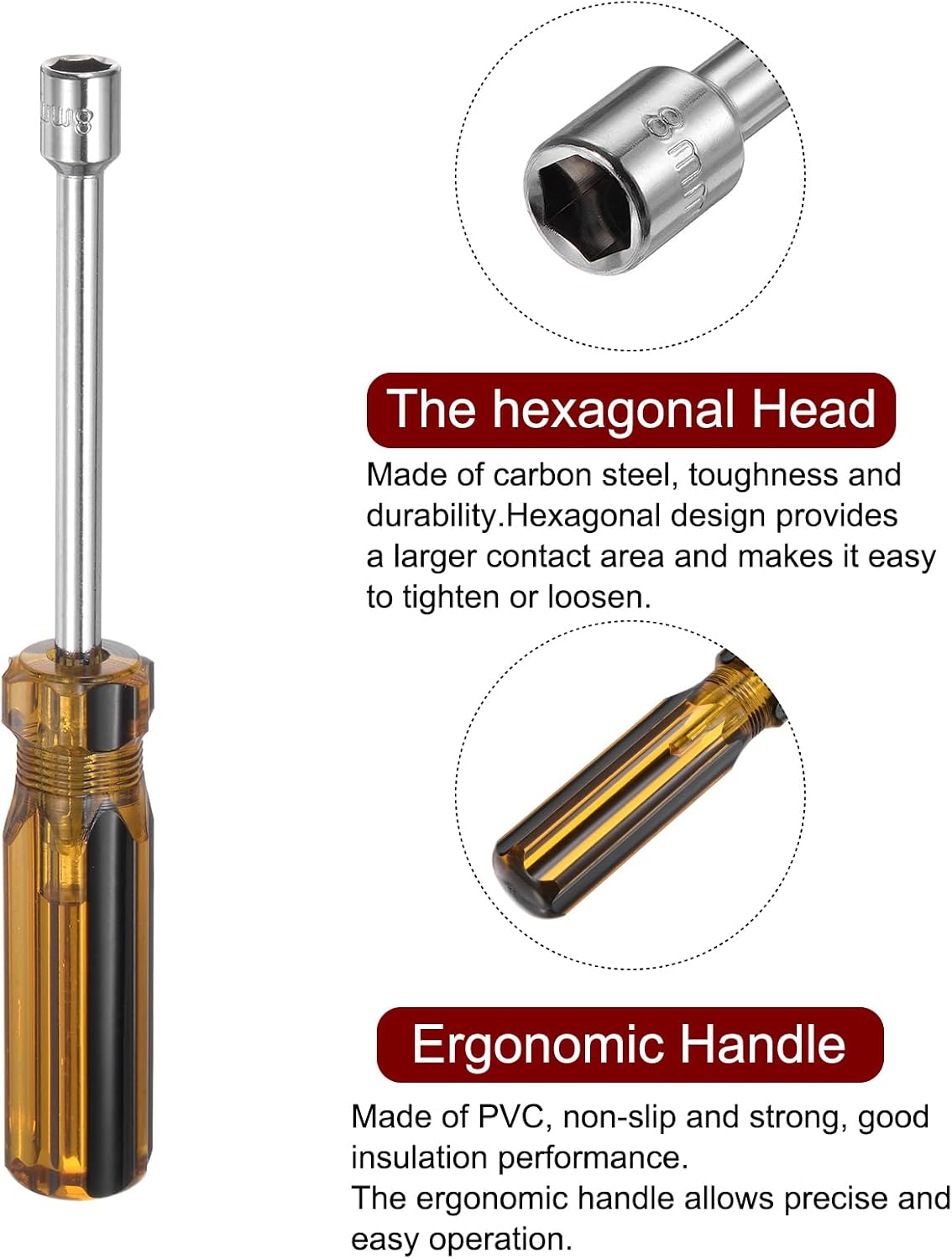 HARFINGTON Metric Hex Nut Screwdriver 8mm Carbon Steel Ergonomic PVC Grip Non-Magnetic Socket Wrench Screwdriver Hand Tool for Automotive Maintenance Home Improvement.