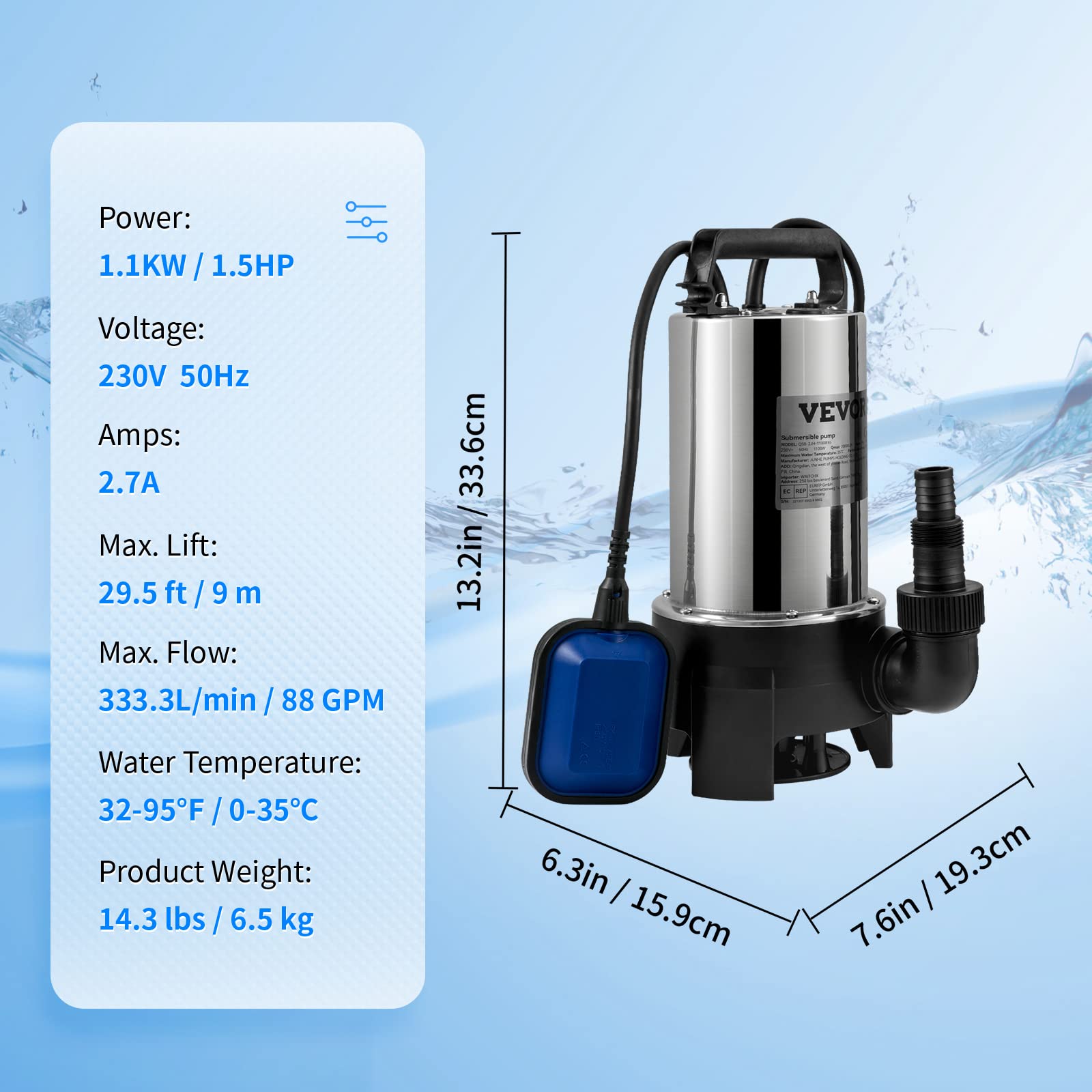 VEVOR Pompe de Relevage Eaux Chargées 1100 W 333,3 L/min Immergée