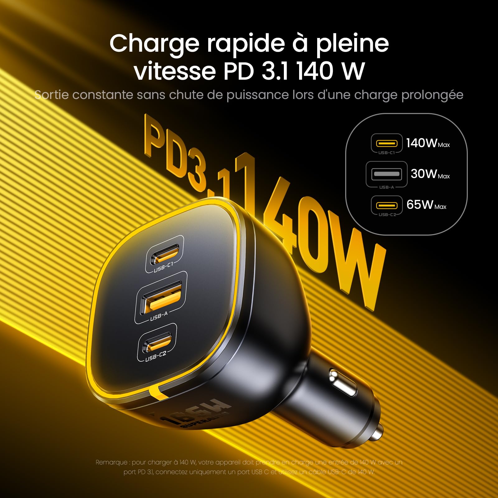 AOHI 165W Chargeur voiture pour ordinateur portable 140W PD3.1/100W PD3.0 Chargeur Allume Cigare USB C Charge rapide PPS 45W 3 ports QC5.0 avec MacBook Pro, iPhone 17/16/15, Galaxy S25/S24 Ultra, iPad