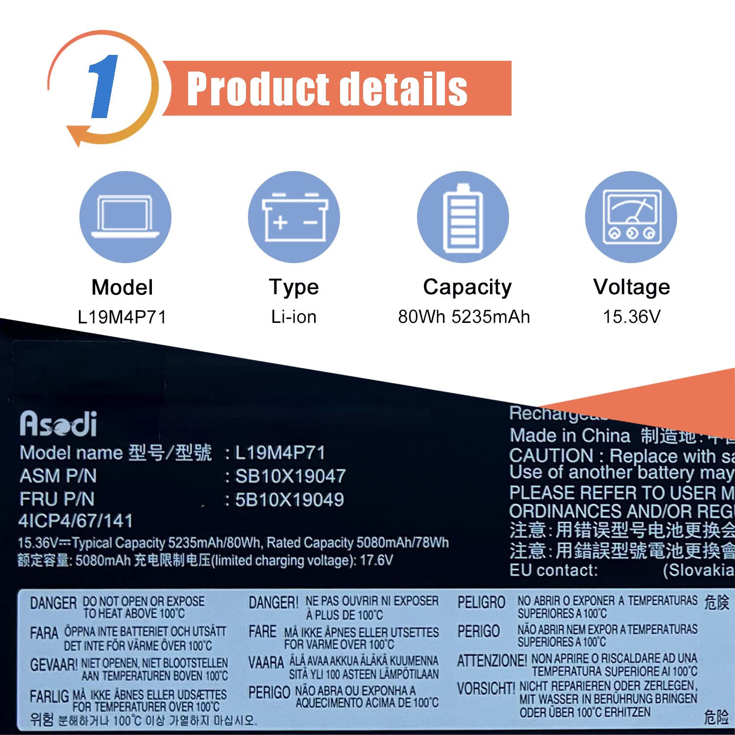 ASODI L19M4P71 L19C4P71 Laptop Battery Compatible with Lenovo ThinkPad X1 Extreme P1 3rd Gen ThinkPad X1 Extreme 3rd Gen Series 5B10X19047 5B10X19048 5B10X19049 5B10X19050 15.36V 80Wh 5235mAh