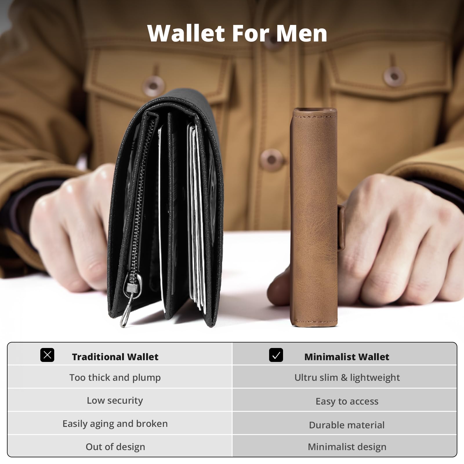 Slim Wallet z kieszenią na monety, męski portfel z ochroną RFID, portfel męski Slim Smat Wallet, etui na karty pop-up, na 10 kart, portfel męski, B03 - brązowy, Dreifach gefaltet, Minimalistyczny