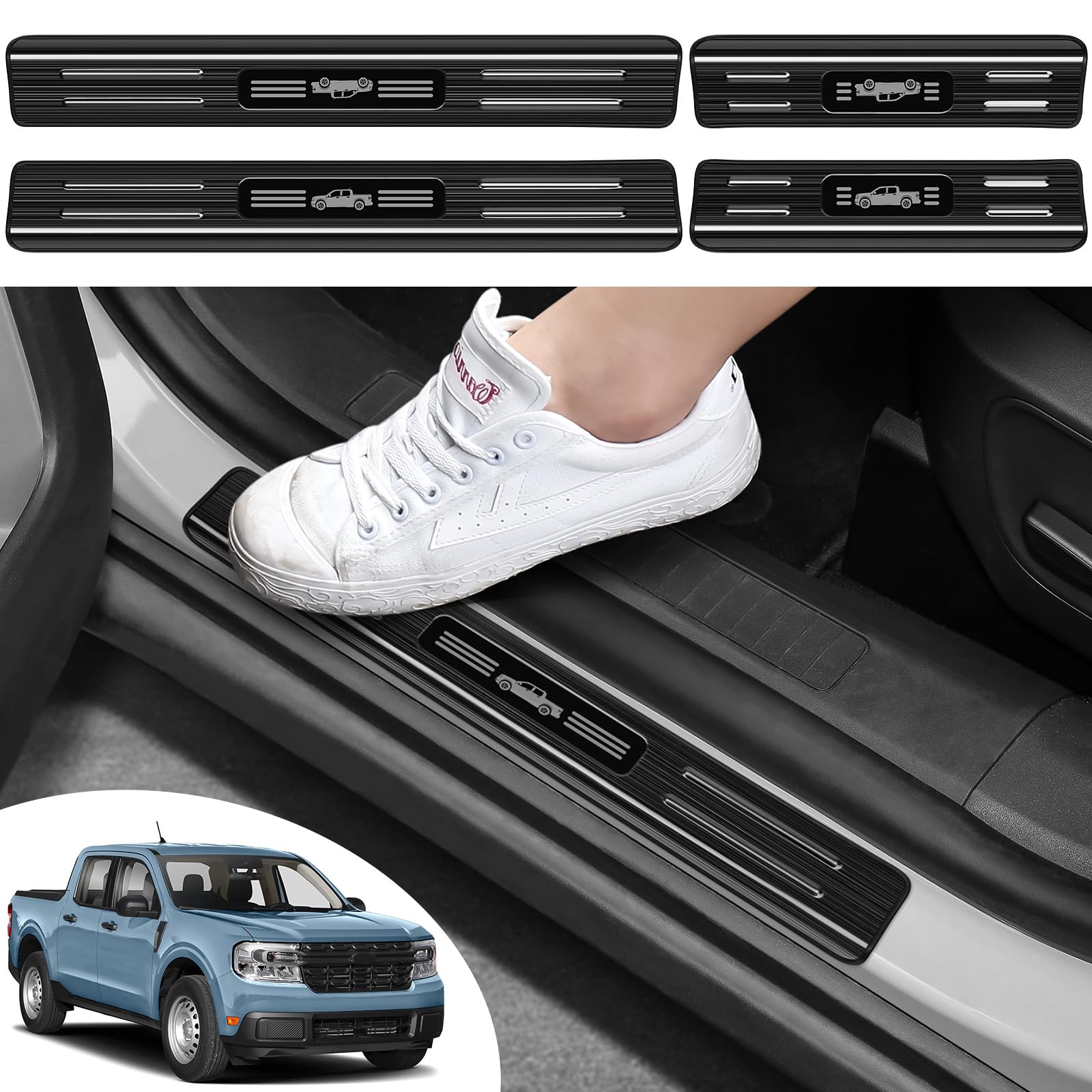 PeakPurit 4PCS Car Door Edge Guards Door Sill Protector for Ford 2022-2025 Maverick Accessories Stainless Steel Material Car Door Threshold Protection (Black Brushed)