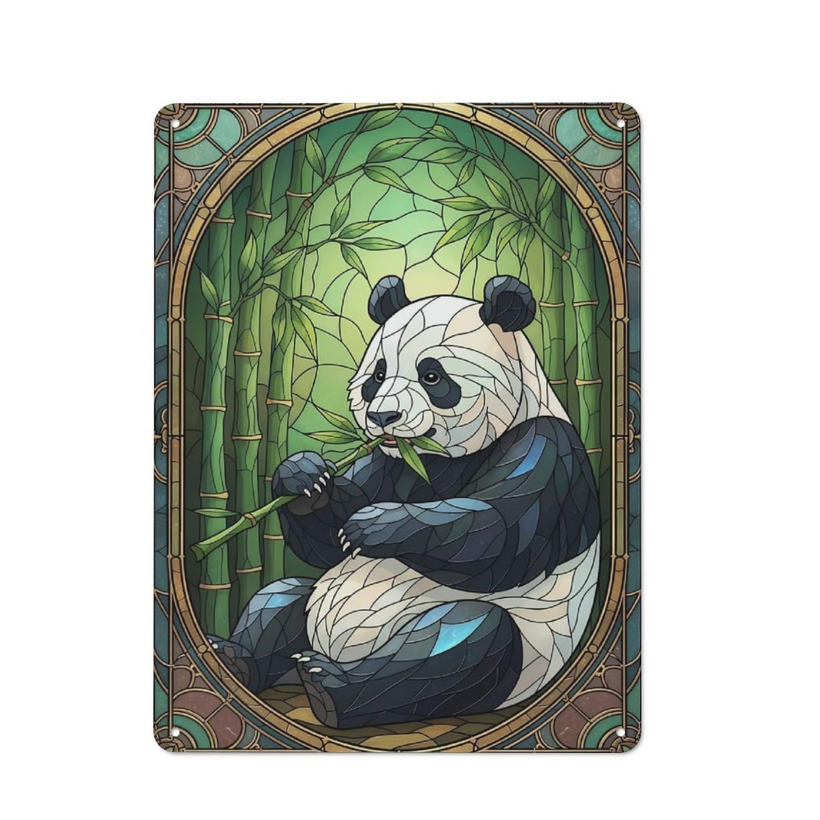 Classic Panda Eating Bamboo in Stained Glass Metal Wall Art Sign 40x30cm, Vintage Wall Decor for Lounge, Study, Pub Or Wall Gallery