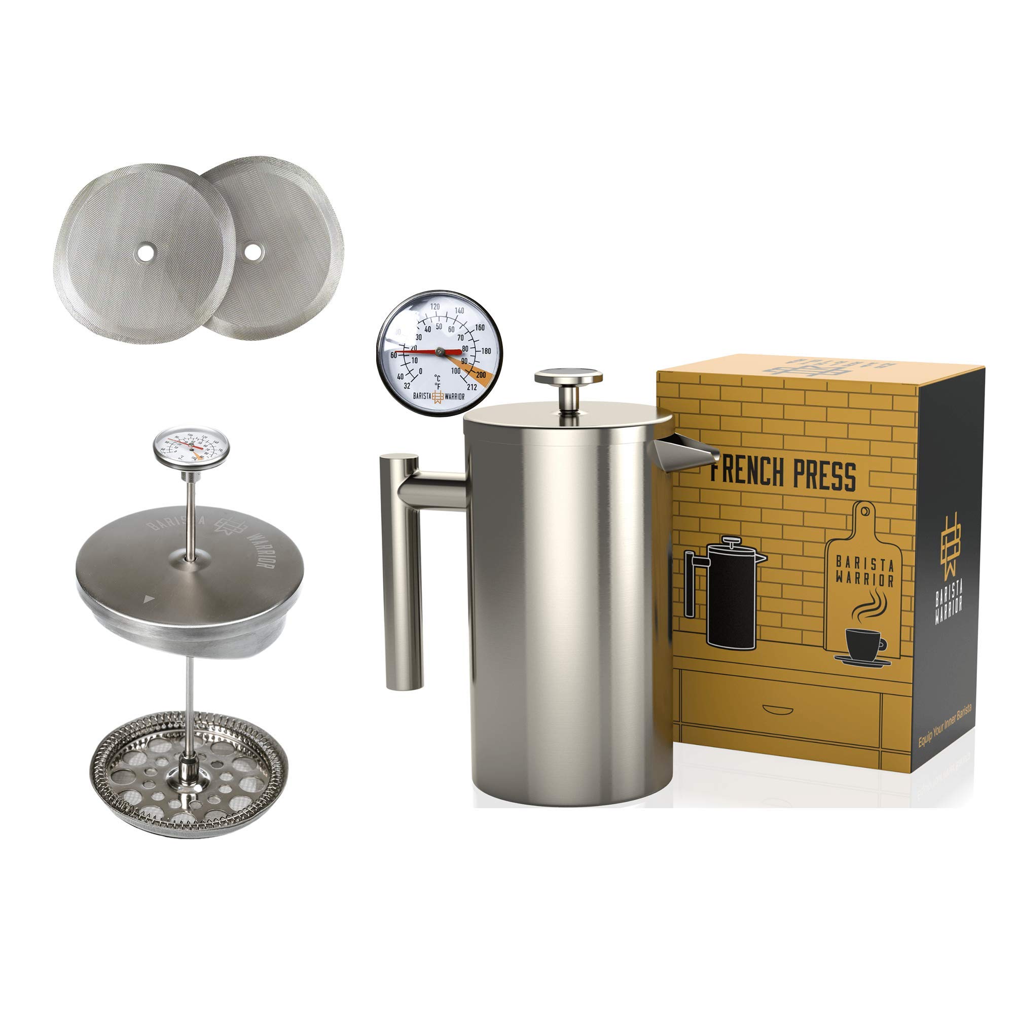 Barista WarriorFrench Press with Thermometer - Insulated Coffee Press - Stainless Steel French Press Coffee Maker (1.0L, 34 fl oz, Silver)