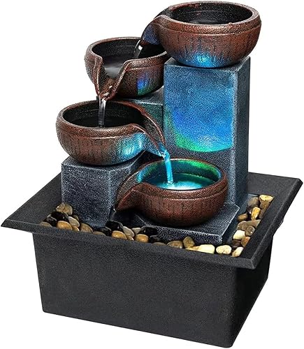 Pequeña fuente de mesa de relajación para interiores, función de cascada de meditación zen con luz LED de color y rocas naturales, cascada de