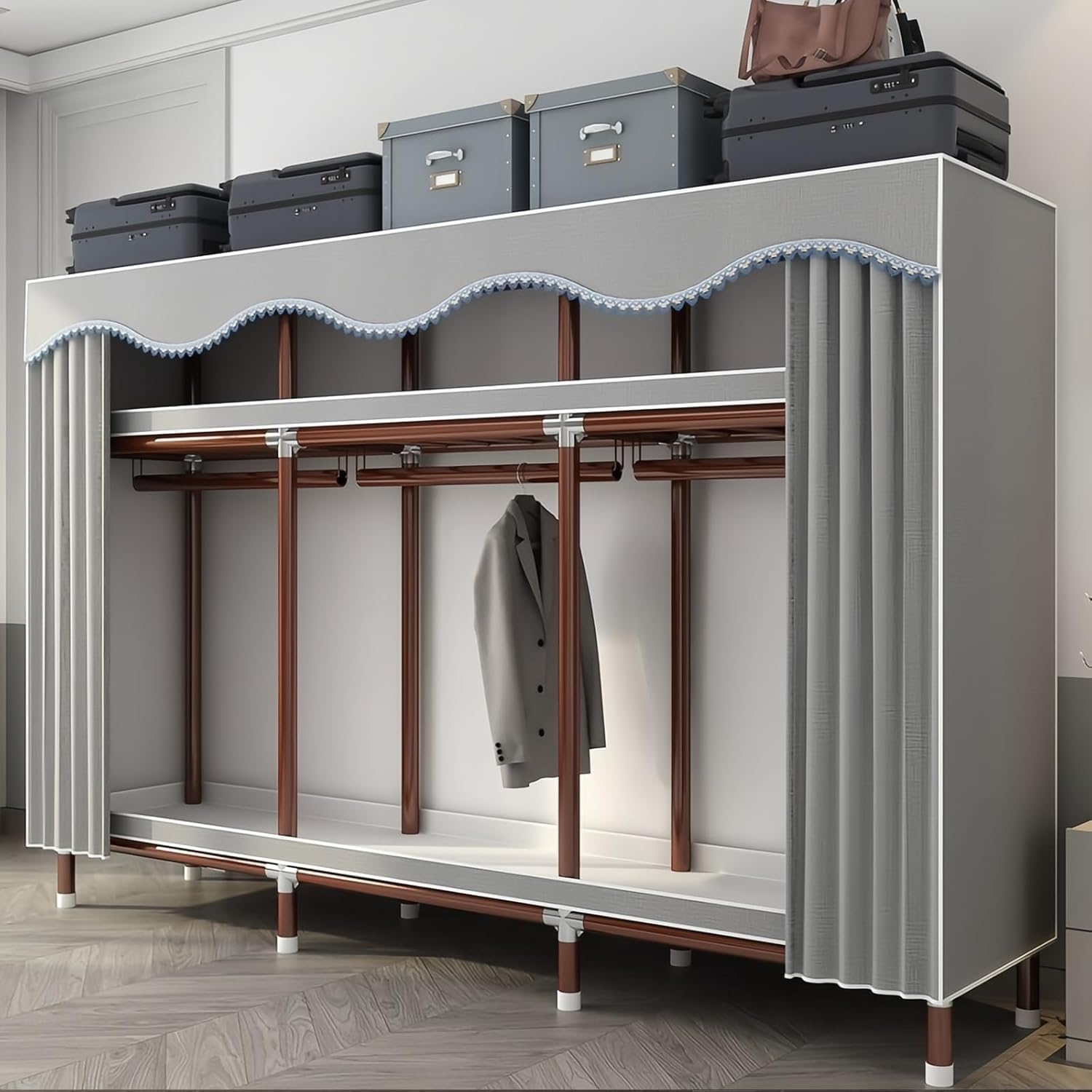 Kleiderschrank, Stoffschrank für Schlafzimmer, Faltschrank, Stoffkleiderschrank mit Staubabdeckung, Kleiderschrank aus Stoff mit Kleiderstangen und Ablagen, für Kleideraufbewahrung, Grau