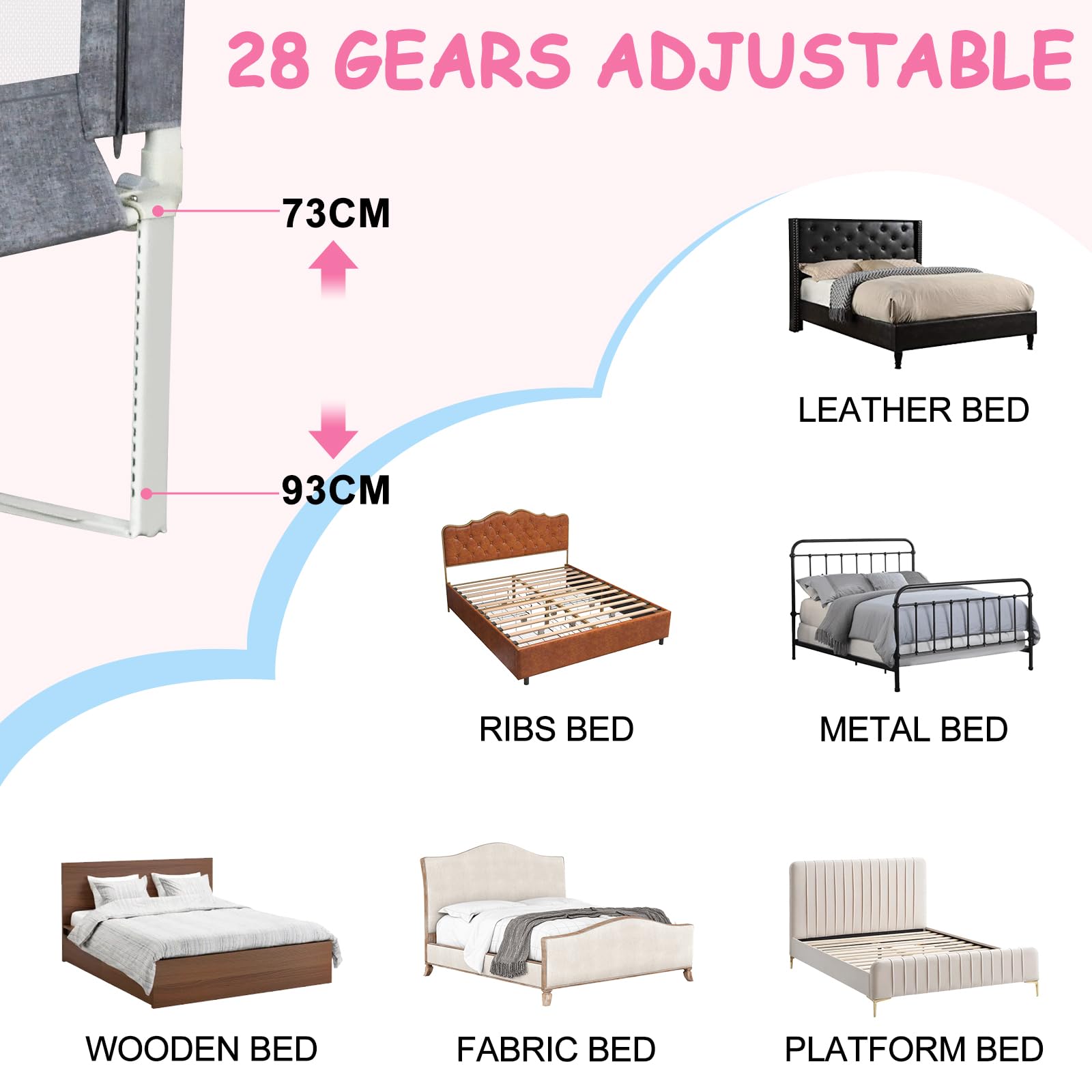 barrière de lit 70-93cm – modèle Vertical à Hauteur réglable 28 Niveaux, Longueur 180cm, pour Matelas Jusqu’à 30cm, Fixation Simple par Sangle en Y