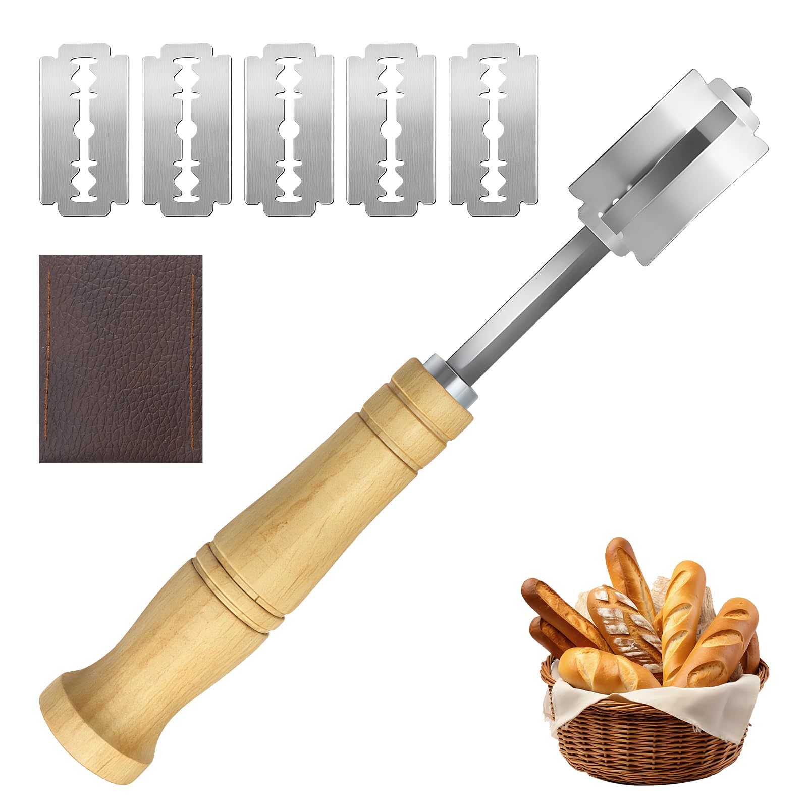 Piaeny Bread Lame, Professional Sourdough Scorer Tool with 5 Blades & Leather Sheath – Ergonomic Wood Handle Dough Cutter for Artisan Baking, Bread Knife and Crust Slicing Accessory for Home Bakers
