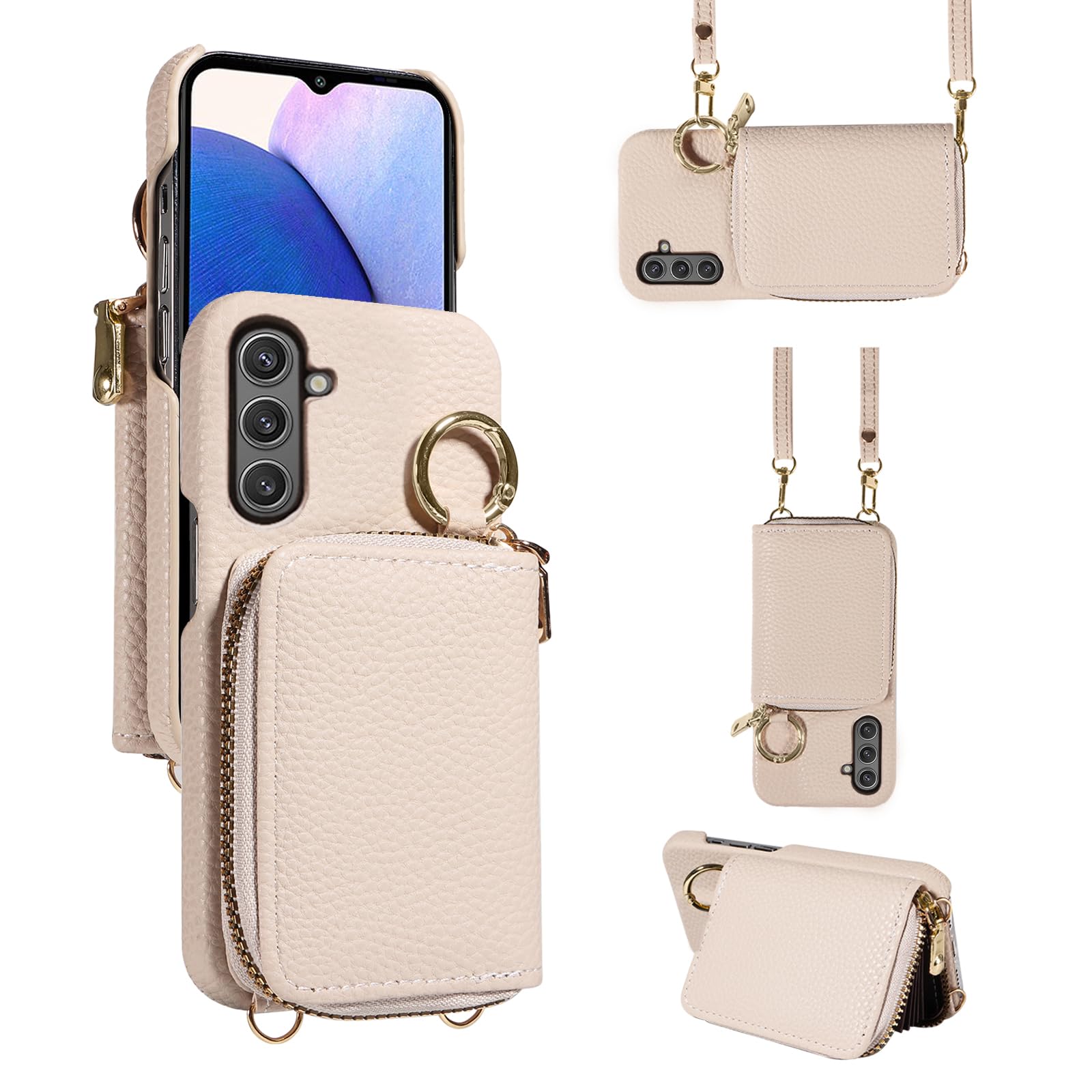 Furiet Wallet Case for Samsung Galaxy A14/M14 5G with Shoulder Strap Ring Buckle, Luxury PU Leather Zipper Flip Organ Purse, Card Holder Stand Full