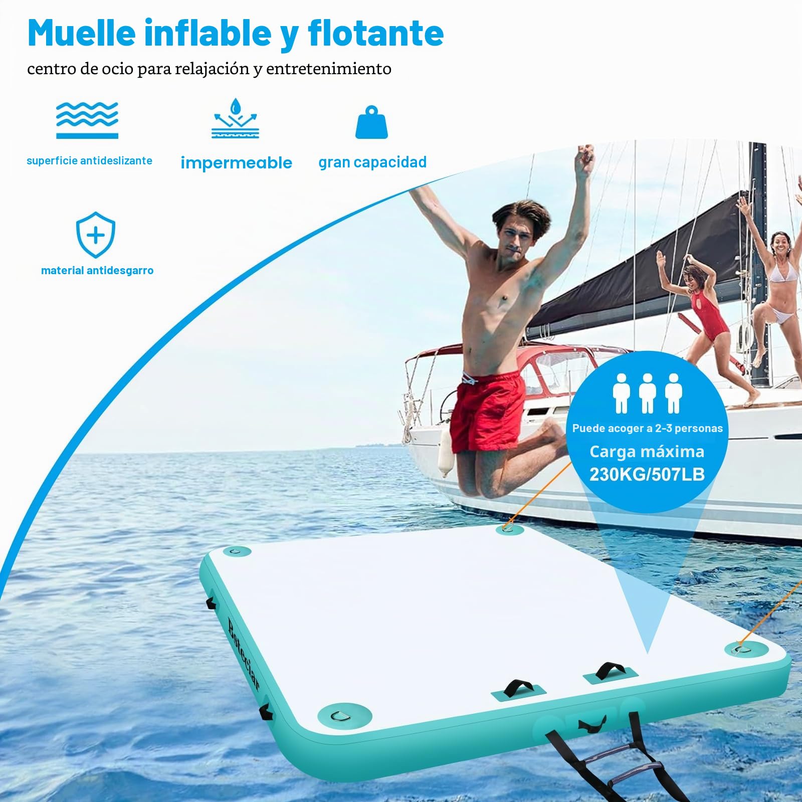 Muelle Flotante Inflable Plataforma de Muelle Inflable con Escalera Desmontable, Bomba y Bolsa de Transporte, Isla Flotante Colchoneta para Piscina, Playa, Lago, Océano