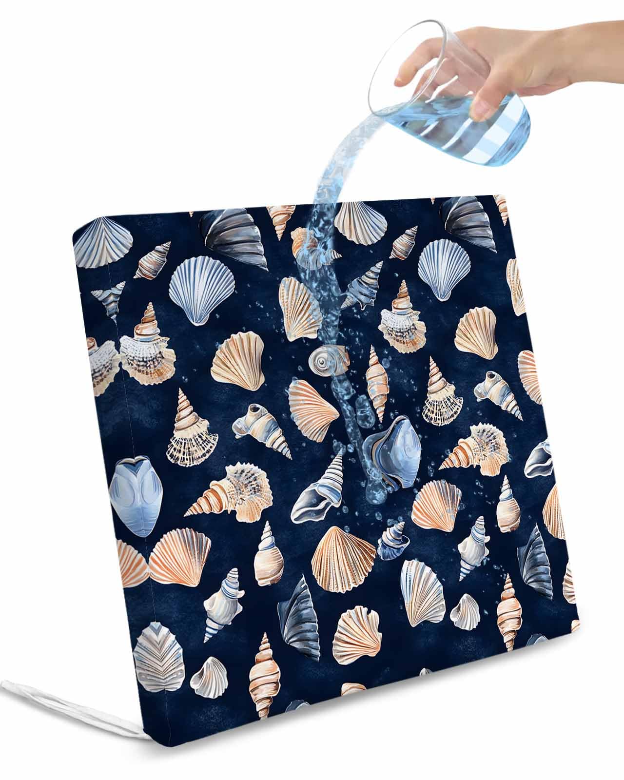 2 Pack Navy Blue Coastal Waterproof Cushion Covers with Ties, Outdoor Patio Chaise Lounge Chair Seat Cushion Slip Covers Replacement(Only Cover) Shell Conch Nautical Summer Beach 22