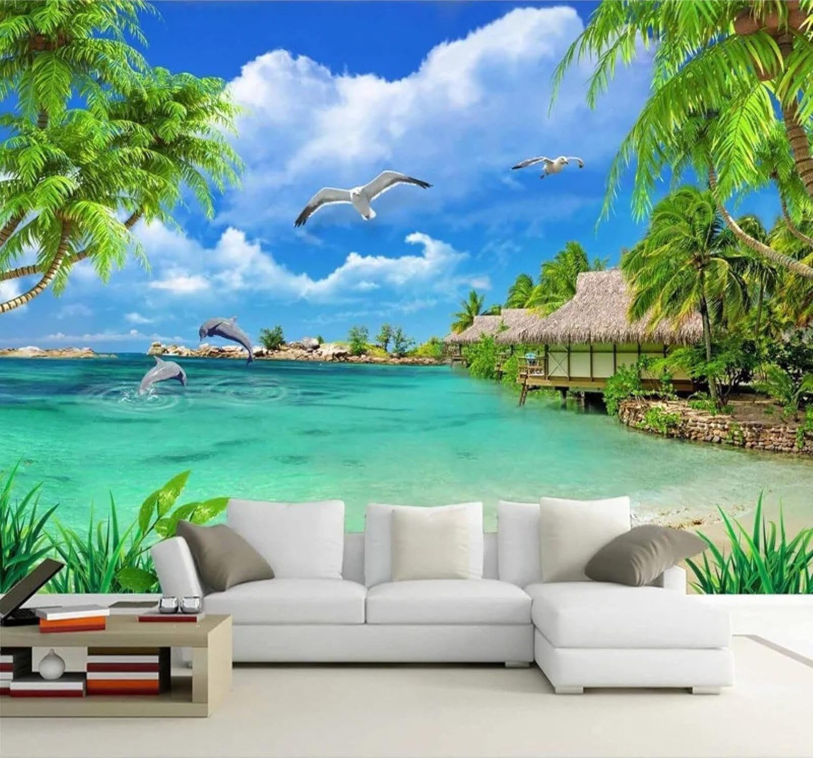 Xlming 430Cm×300Cm(B×H) Sea Beach Dolphins Coconut Trees Scenery 3D Wallpaper Luxury Home Dining Decor Paste Sofa Living Room The Wall For Bedroom Mural-430Cm×300Cm