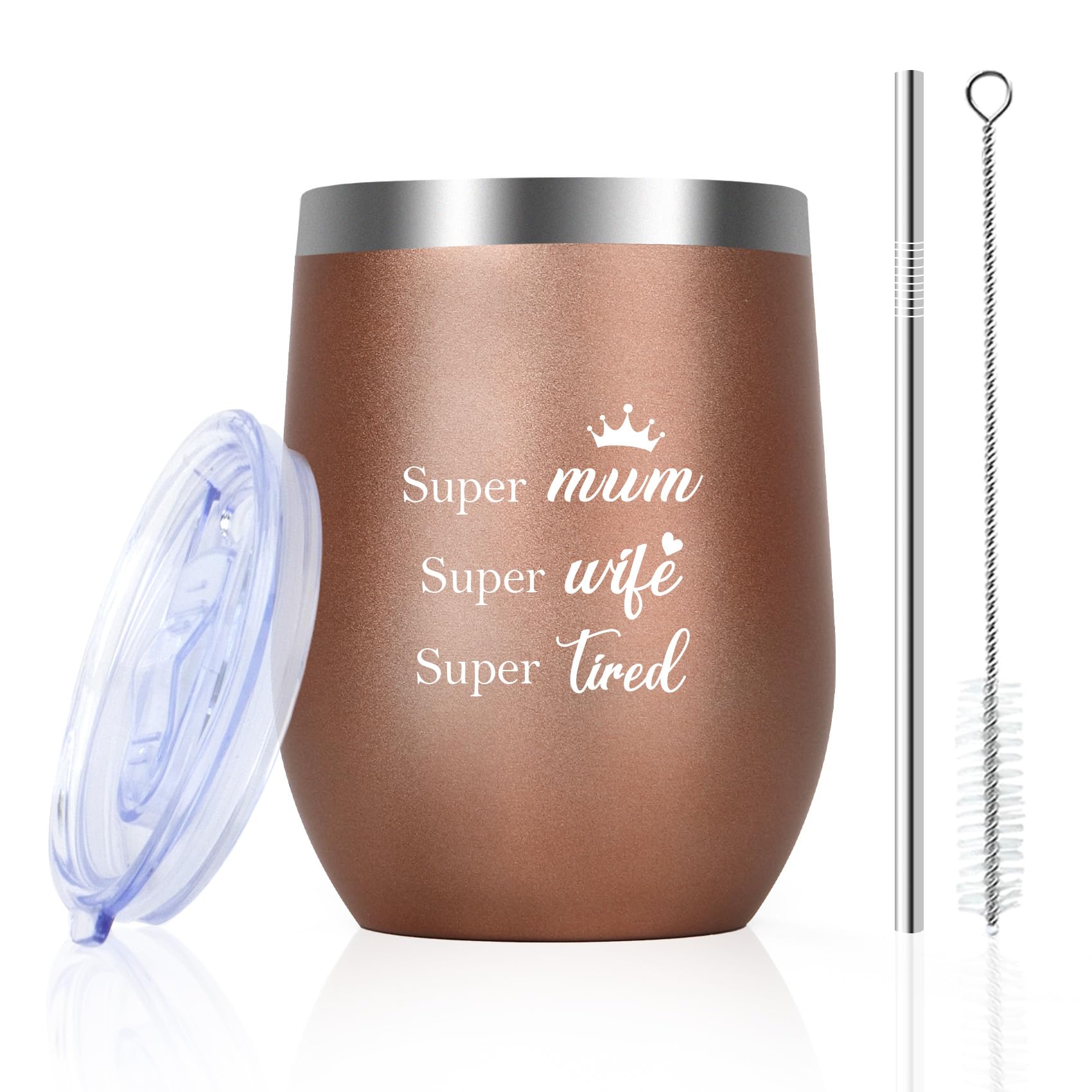 Mothers Day Gifts for Mum from Daughter Son Birthday Gifts for Mum Wife Gift from Husband Bonus Step Mummy Women Mother's Day Presents 12oz Wine Tumbler with Straw and Lid Coffee Cup Rose Gold Easter