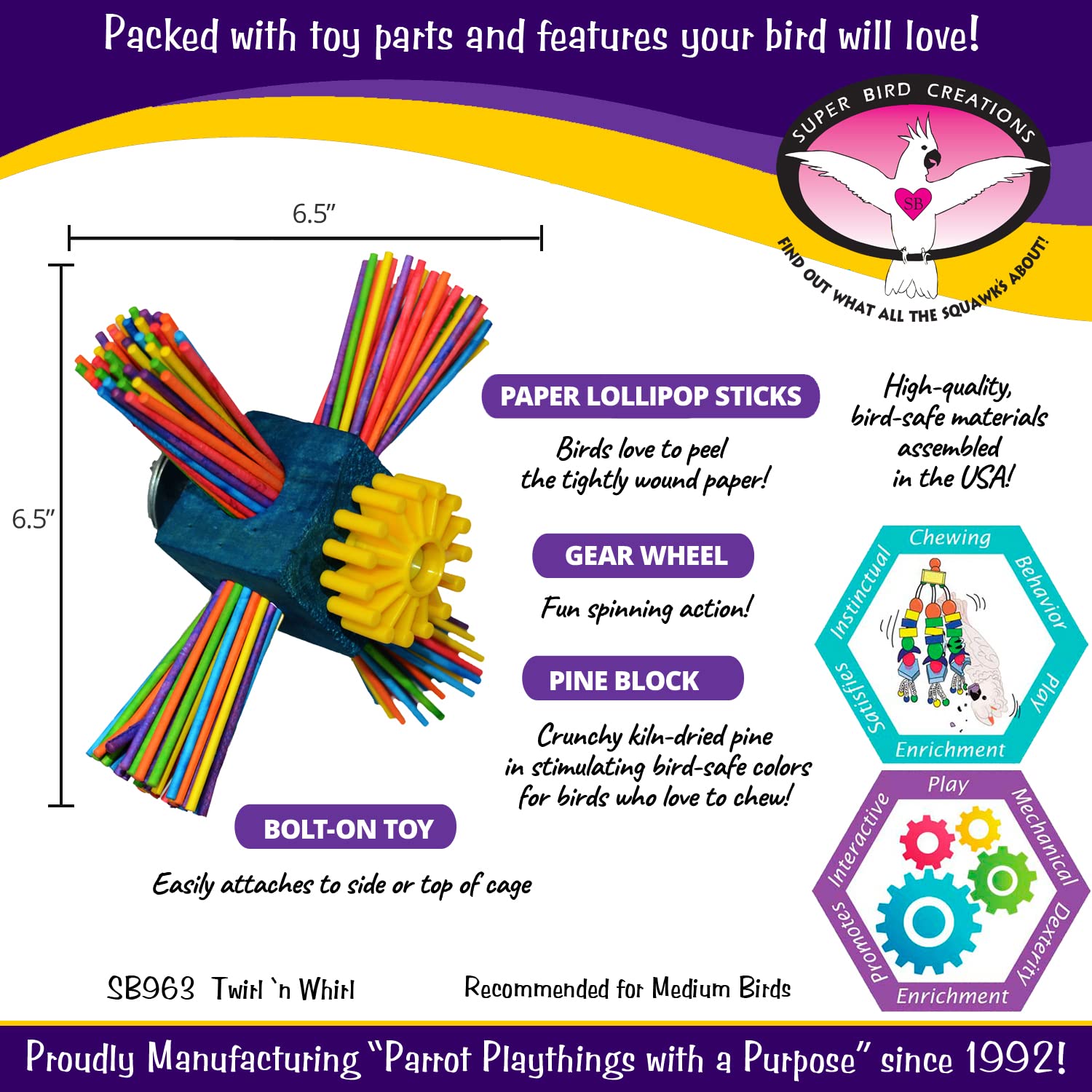 Super Bird Creations SB963 Twirl N' Whirl Bird Toy - Handcrafted Wooden Bird Stuff with Lollipop Sticks & Spinning Block - Relieves Boredom Peeling & Chewing for Parrots, Medium Sized Birds - 6.5