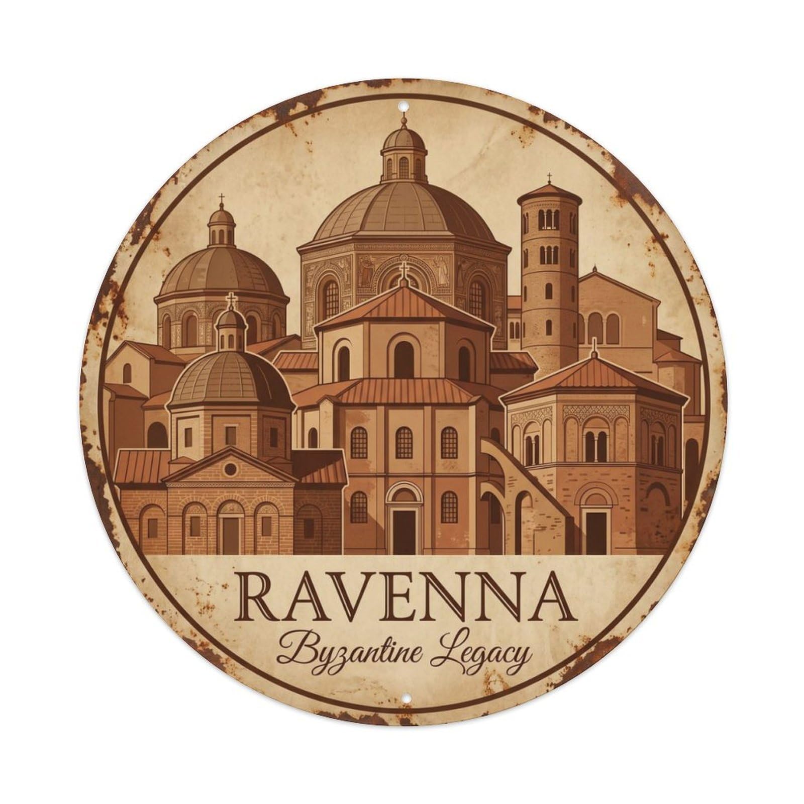Fqcyn Style Vintage Travel Ravenna Monuments Italy Metal Tin Sign Plaque Wall Decor For Cafe, Club Bar, Office, Home Garden Round Metal Poster 8X8inch