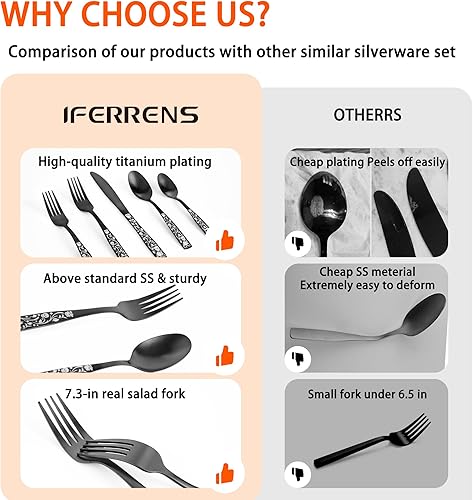 Miniatura 10 de IFERRENS Juego de cubiertos negros mate de 40 piezas para 8, juego de cubiertos decorativos con diseño de rosa de calavera 180, acabado de manchas