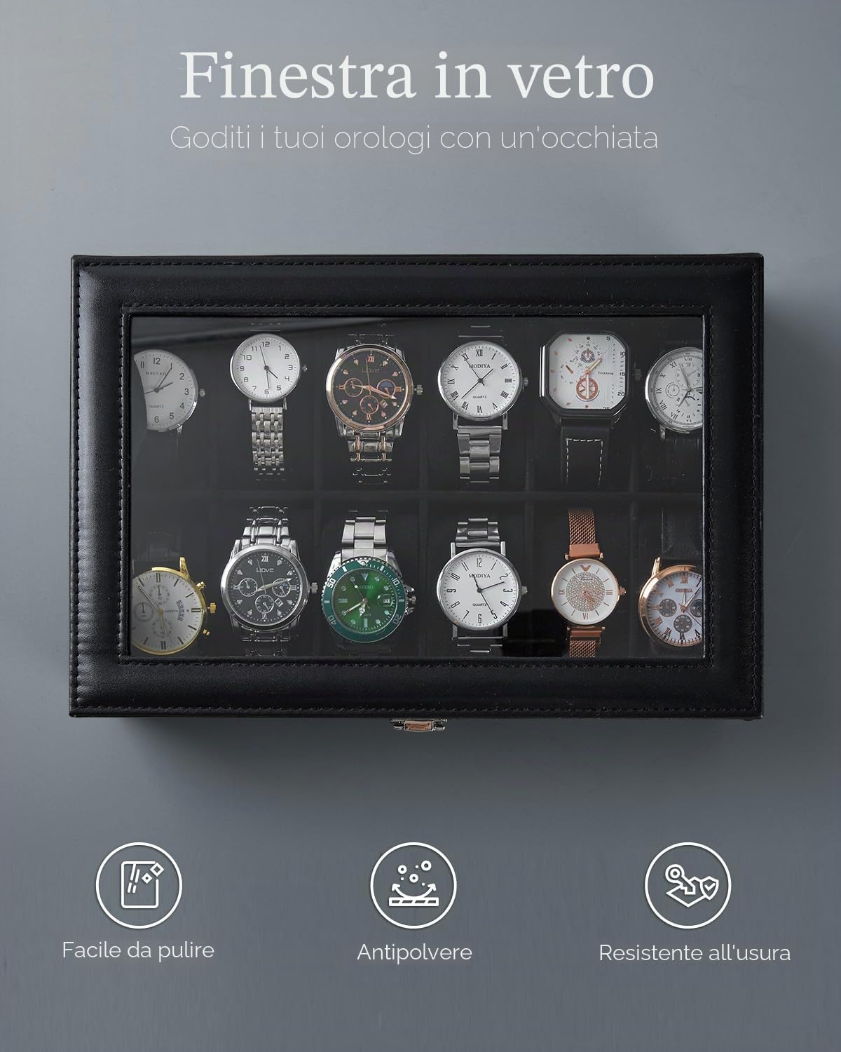 Ohuhu Scatola porta Orologi a 12 Scomparti, Custodia Orologi con Coperchio in Vetro e Cuscinetti Rimovibili in Velluto, Porta Orologi per Uomo e Donna, Regalo per il Compleanno di San Valentino