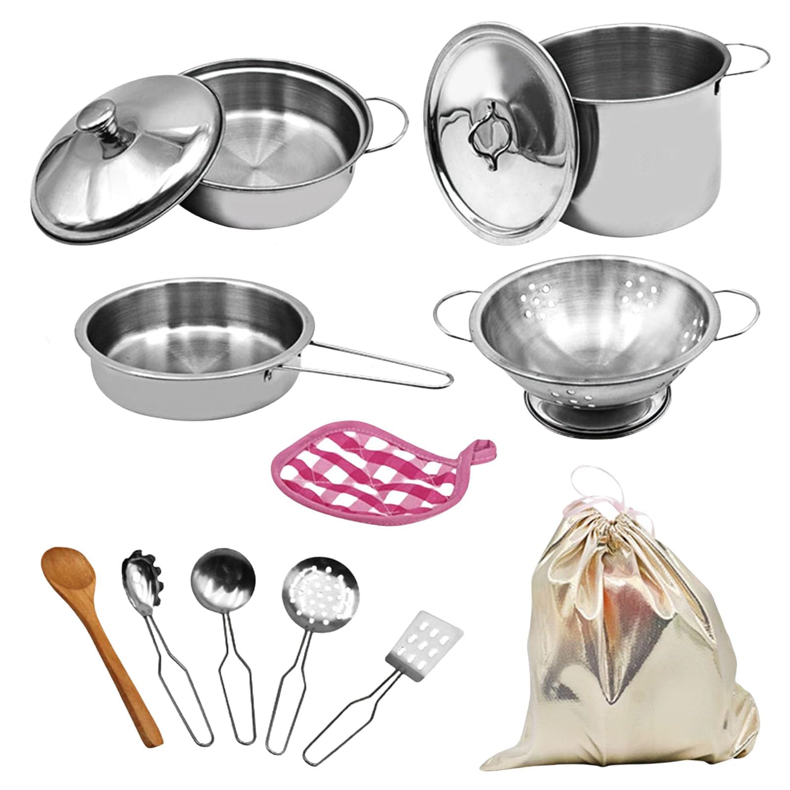 Kitchen Toys Toy Pots and Pans Set 12 PCS Stainless Steel Pretend Cooking Utensils Cookware Set Play Pots and Pans Toys Packed In a Golden Cloth Bag Chef Role Playset Cooking Set