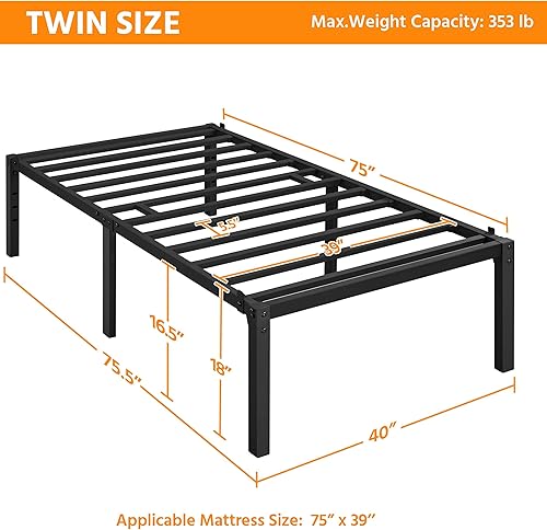 Miniatura 3 de Topeakmart Base de cama individual de 14 pulgadas, plataforma de metal con soporte de listones de acero y agujeros reservados para cabecero de