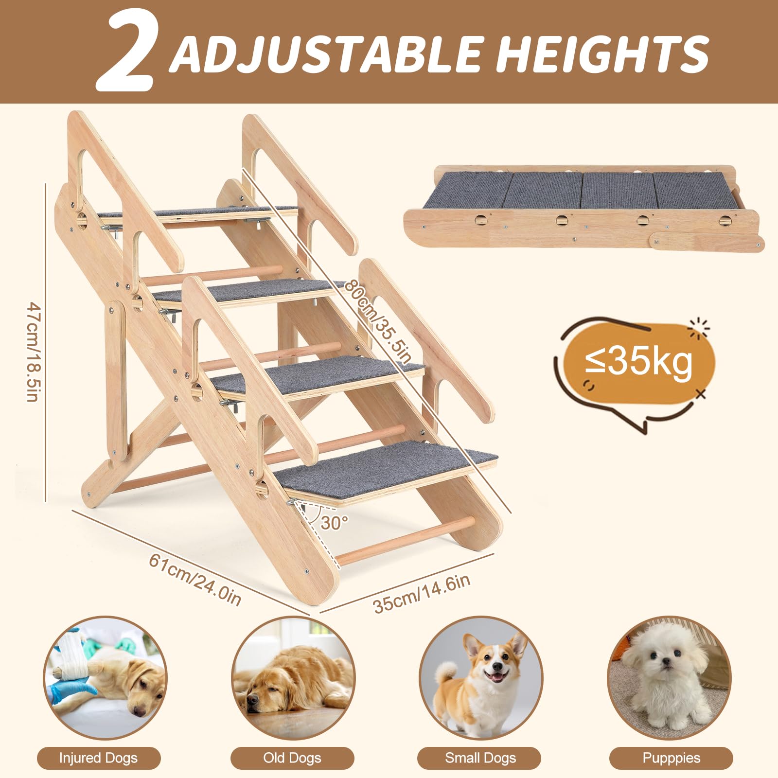 Escalera para perros 2 en 1, escalera ajustable para perros con 4 niveles para perros pequeños, escalera portátil para mascotas, plegable con superficie antideslizante para cama, sofás y coches