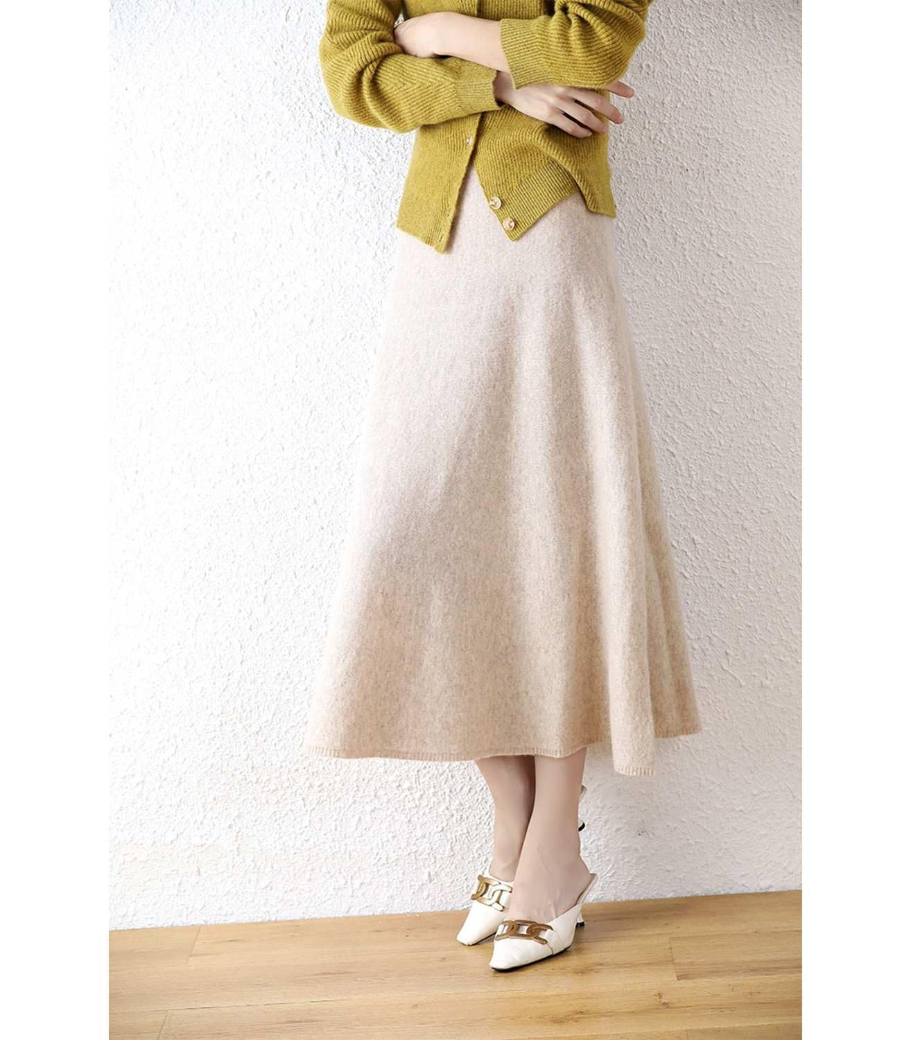 Falda larga para mujer, 100 % lana merino, acanalada, elástica, lisa, cálida, para otoño e invierno