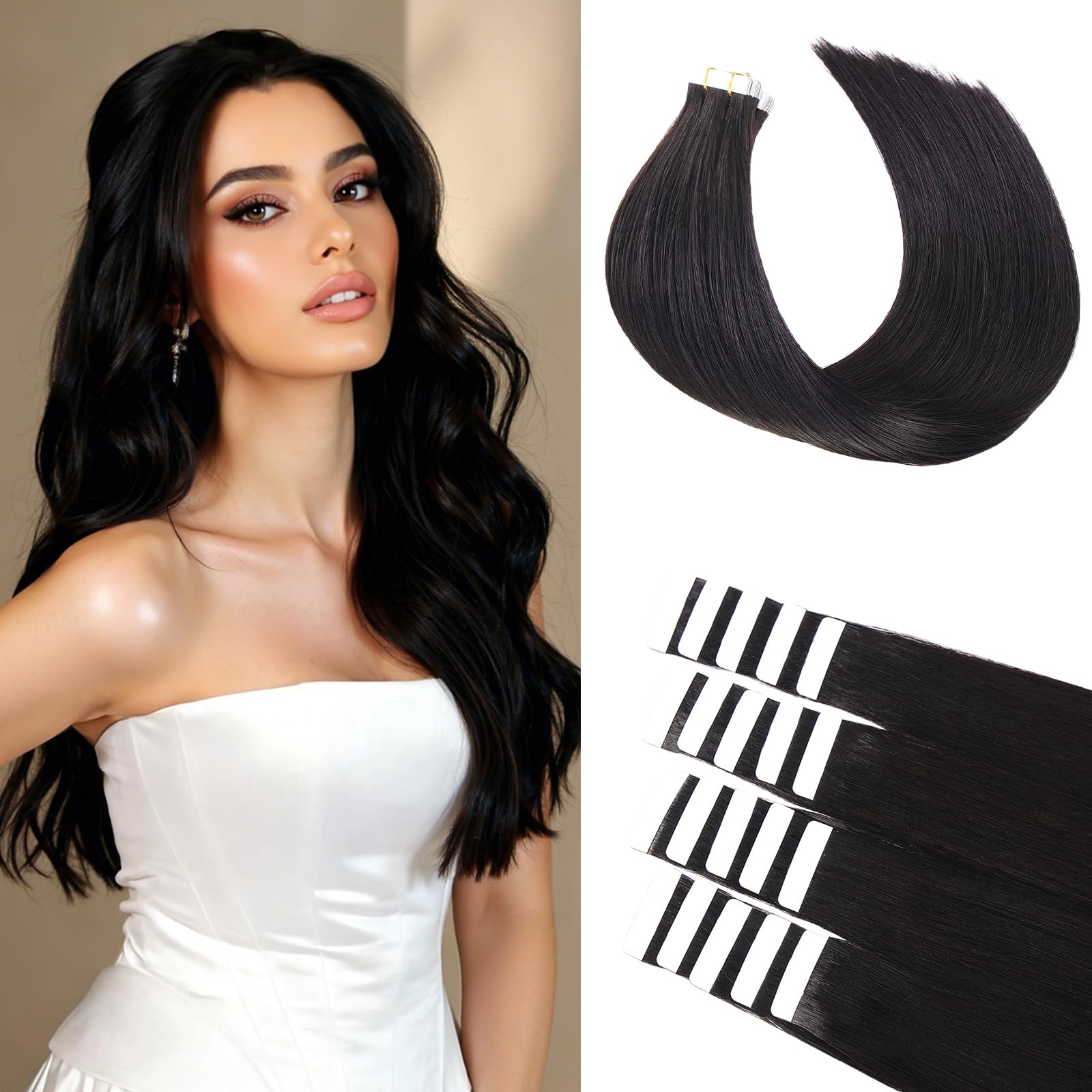 BLONDE UNICORN Extension Capelli Veri Biadesivo 20pcs Extension Capelli Veri 55cm Nero Naturale Estensione Biadesive Capelli Veri Invisibile Estensione Biadesive 50g(22inch,1B#)