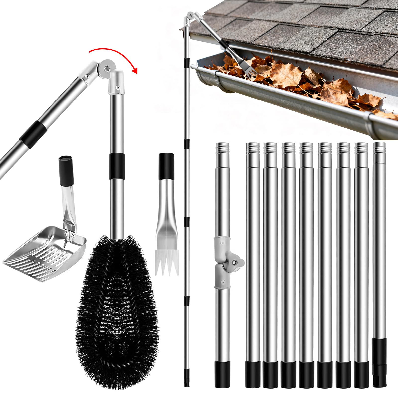 GartWerk Gutter Cleaner 4m Extend Telescopic Roof Gutter Cleaning Tool Kit with 180° Swivel Head, Gutter Rake, Cleaning Shovel for Sweeping Leaves, Debris, Cobwebs from Roofs