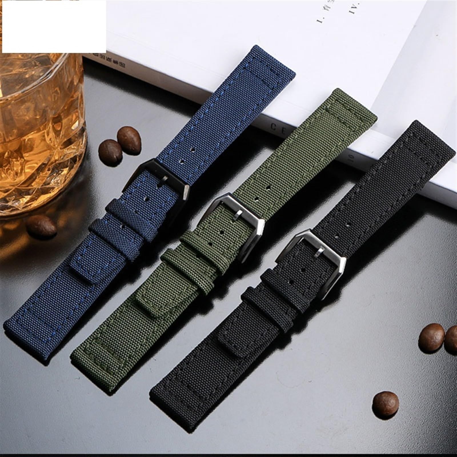 Nylonowy pasek do zegarka o wysokiej gęstości do IWC IW377724 IW371614, pasek do zegarka 20 mm 21 mm 22 mm czarna płócienna bransoletka wojskowa zieleń i niebieski, Wielobarwna, 22mm