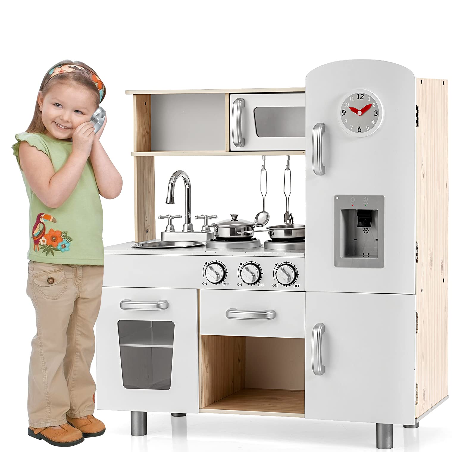 COSTWAY Kinderküche mit Zubehör, Spielküche mit Licht & Sound, Holzküche inkl. Telefon Herd Kühlschrank Mikrowelle, Kinder Küche mit Abnehmbarer Spüle, Spielzeugküche für Kinder ab 3 Jahren