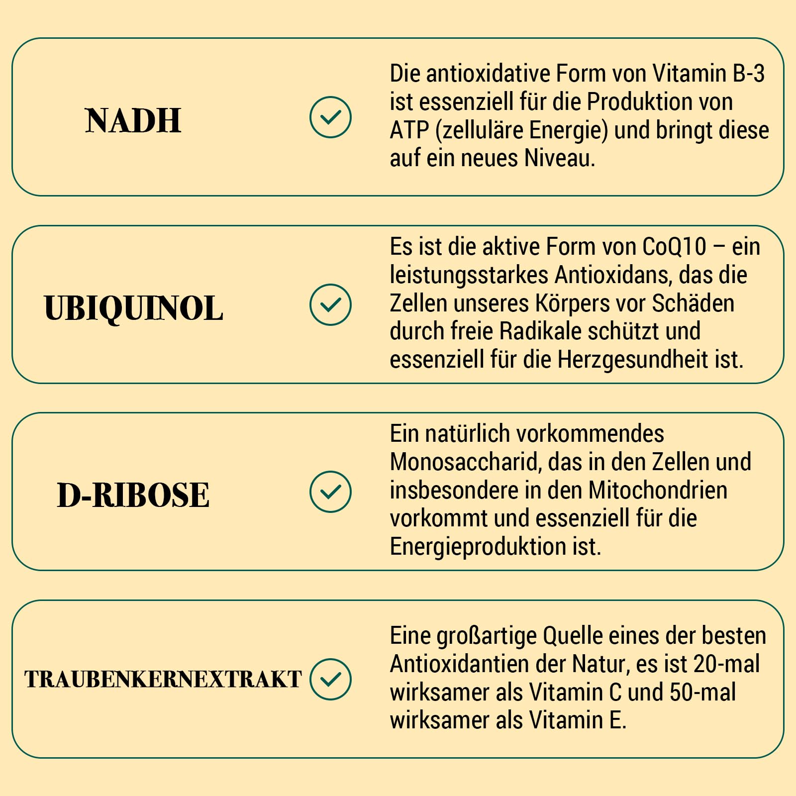 NADH 50 mg – 120 Kapseln, reduzierte Form von NAD+, hochdosiert mit Coenzym Q10 (200 mg) & D-Ribose (150 mg), GVO-frei, glutenfrei