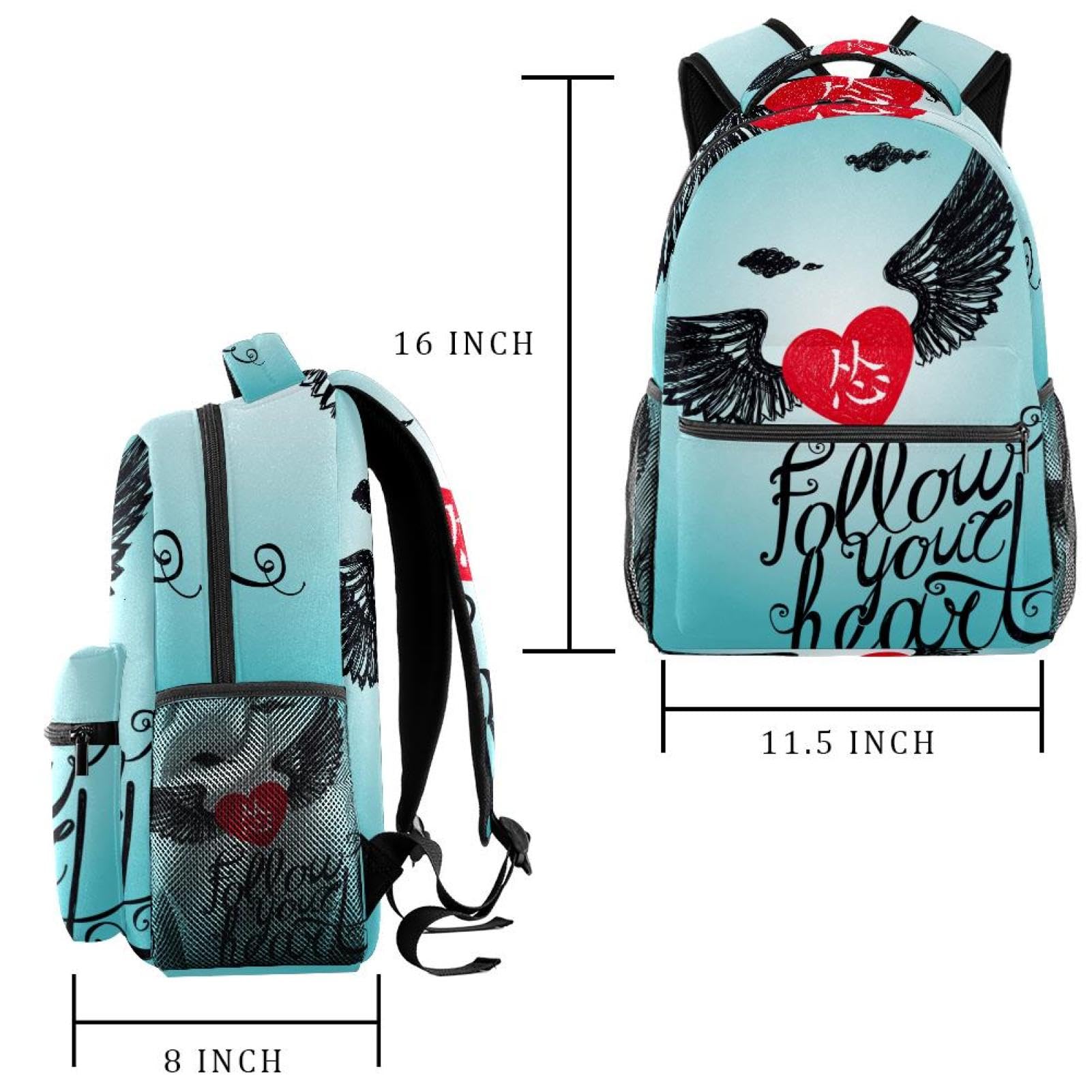 Zaino per bambini con scritta in lingua inglese "Lettering Wing Heart", zaino scolastico, impermeabile, casual, per libri, computer portatile, per uomo e donna
