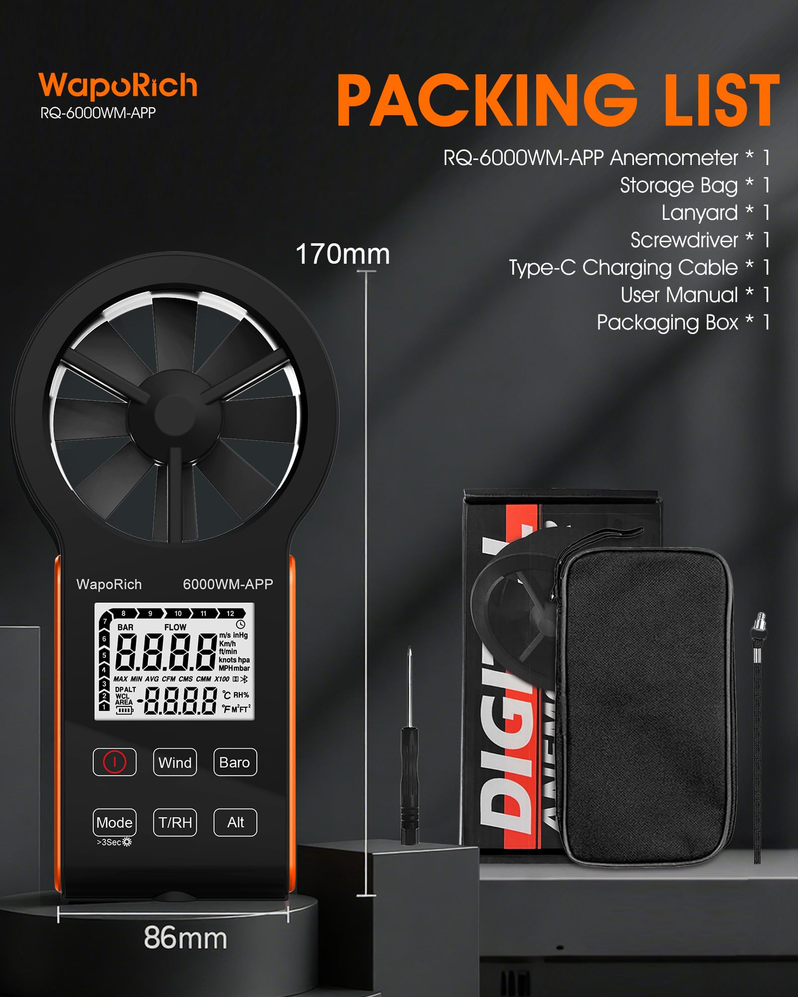 Bluetooth Anemometer, WapoRich 7-in-1 Windmesser Windmessgerät mit Luftdruck/Temperatur/Luftfeuchtigkeit/Taupunkt/Windchill/Höhenmesser App-kompatibel für HVAC, Drohnen, Segeln