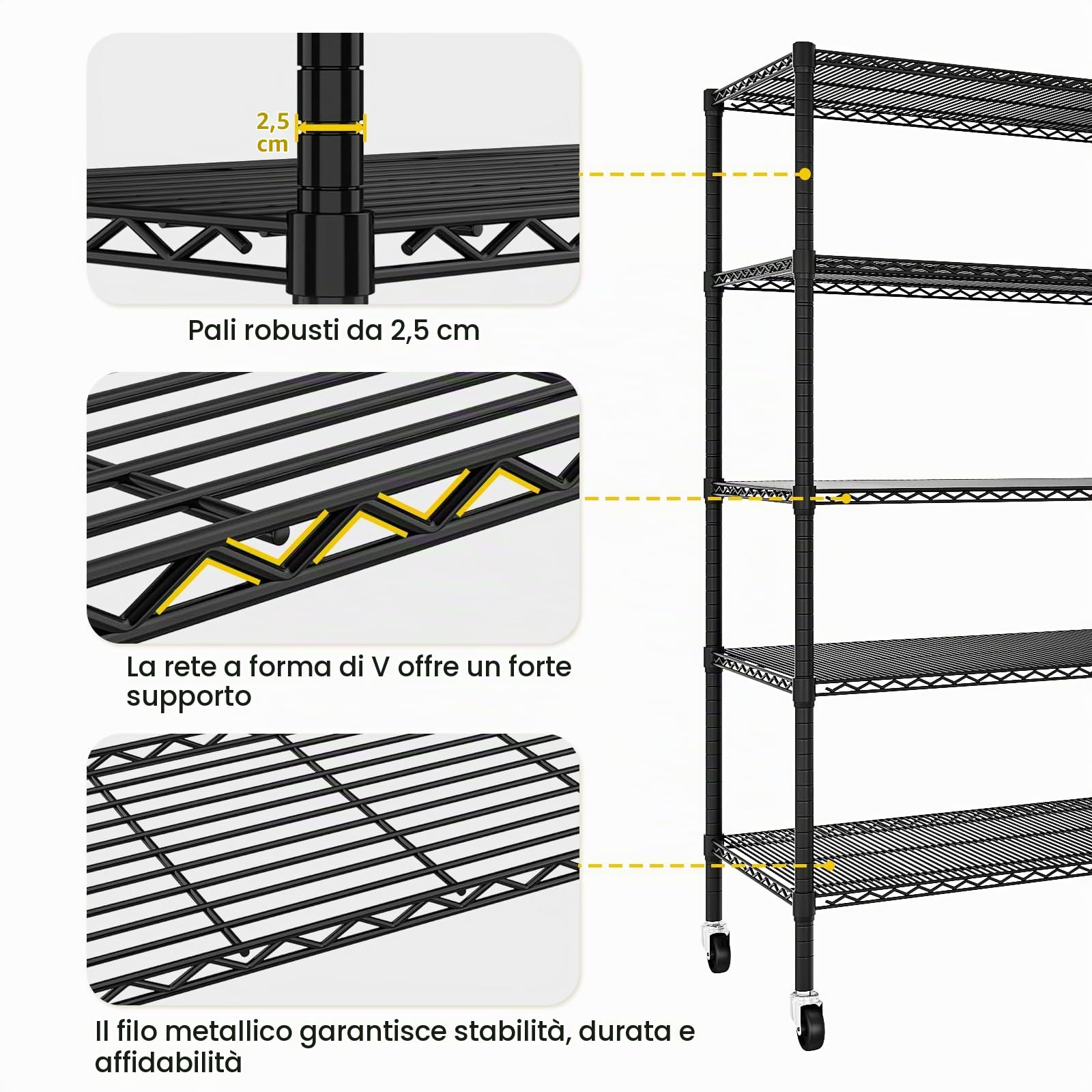 Scaffali in Metallo a 5 Ripiani con Ruote, Mensole Regolabili con Piedini Fissi, Organizzatore Industriale per Garage e Dispensa, Unità di Stoccaggio Robusta