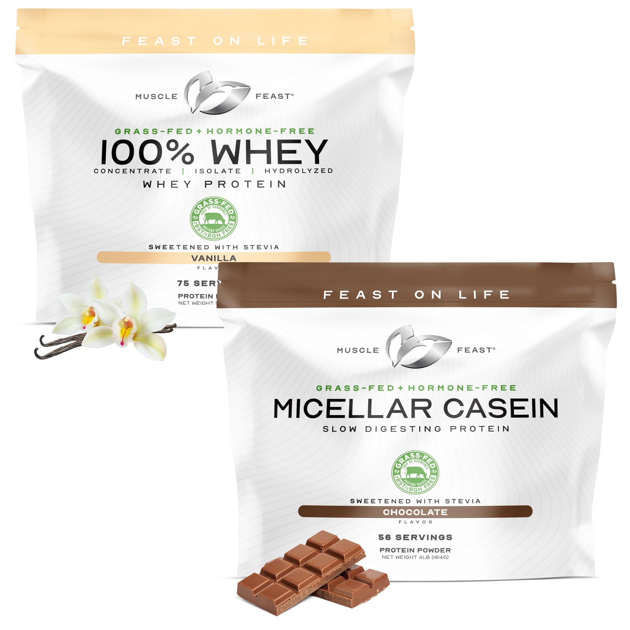 Muscle Feast 100% Whey Concentrate, Isolate, & Hydrozlyed Blend - Vanilla 5lb (x1) and Micellar Casein Protein Powder - Chocolate 4lb (x1) - Grass Fed, All Natu