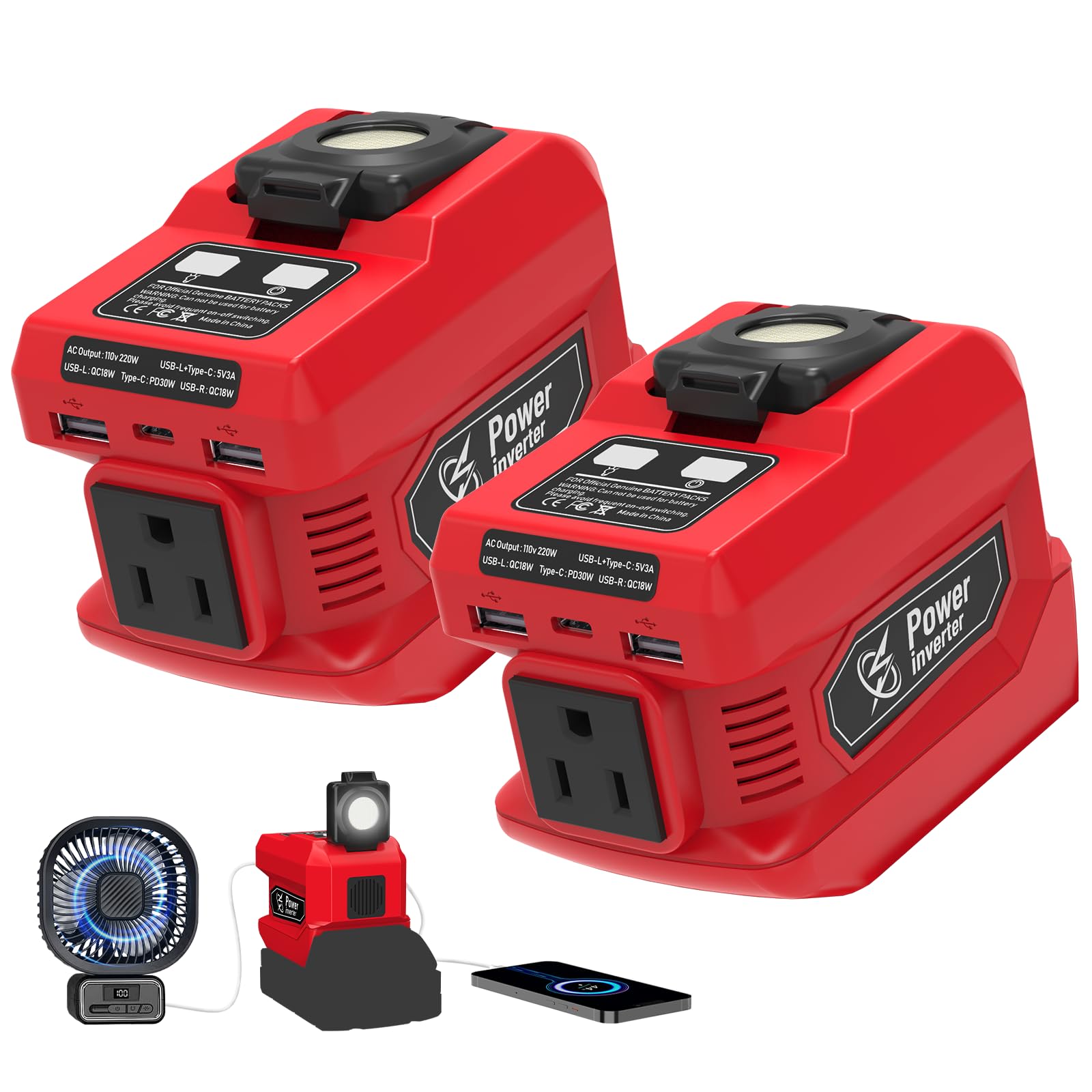2 Pack 220W Power Inverter Compatible with Milwaukee 18V Battery, DC 18V to AC 110V-120V Portable Power Generator, Inverter with 2 USB Ports 1 Type-C