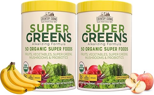 Miniatura 8 de COUNTRY FARMS Super Greens Sabor piña y mango, 50 súper alimentos orgánicos, mezcla de bebida orgánica USDA (pasto de trigo, espirulina, clorella),