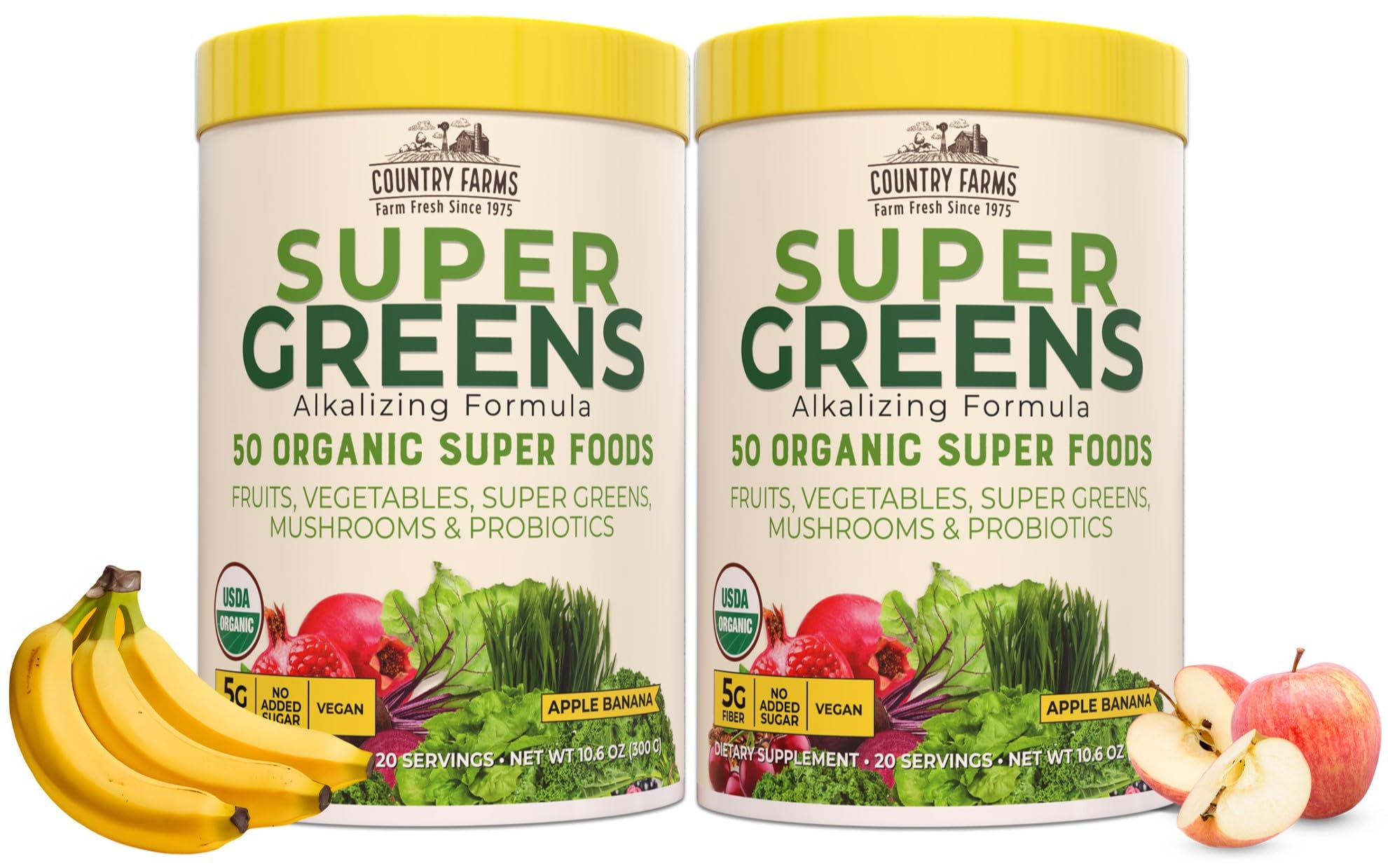 Country Farms Super Greens Apple Banana Powder Smoothie, Organic Super Foods, USDA Organic Drink Mix, Fruits, Vegetables, Mushrooms, Superfood Nutrition, 40 Servings, 2 Pack