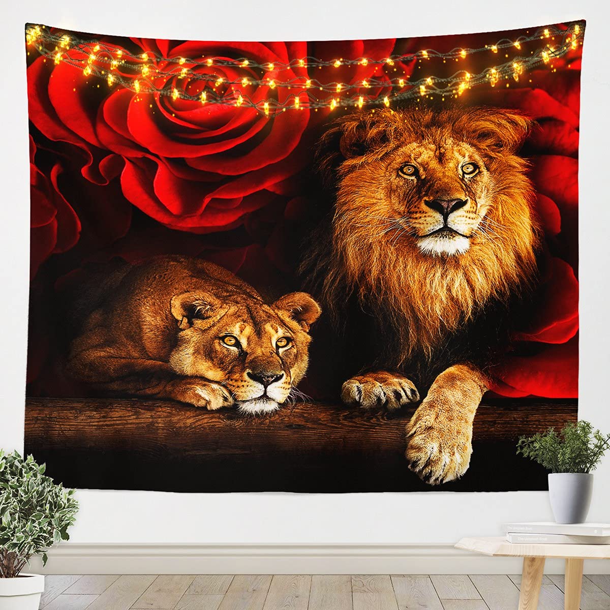 ErosebridalErosebridal Lion Tapestry Red Rose Wall Tapestry for Women Men,Wild Animal Flowers Tapestries Brown Big Cat Fur Hair Hanging Wall Art Medium 59x59,African Safari Animals Romantic Floral Room Decor