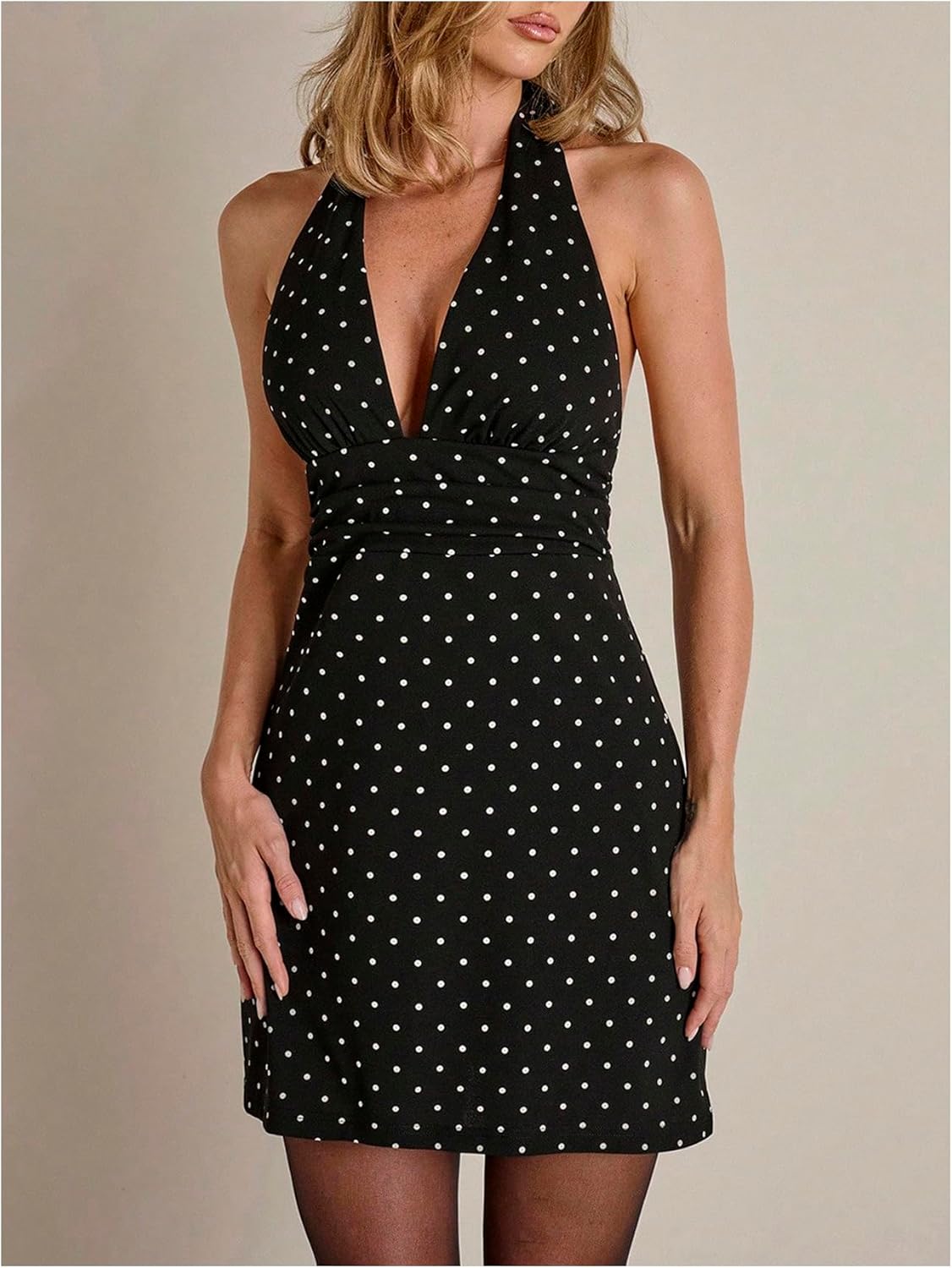 Milumia Women's Polka Dots Halter V Neck Mini Dress Tie Backless A Line Bodycon Tank Dresses - Image 4