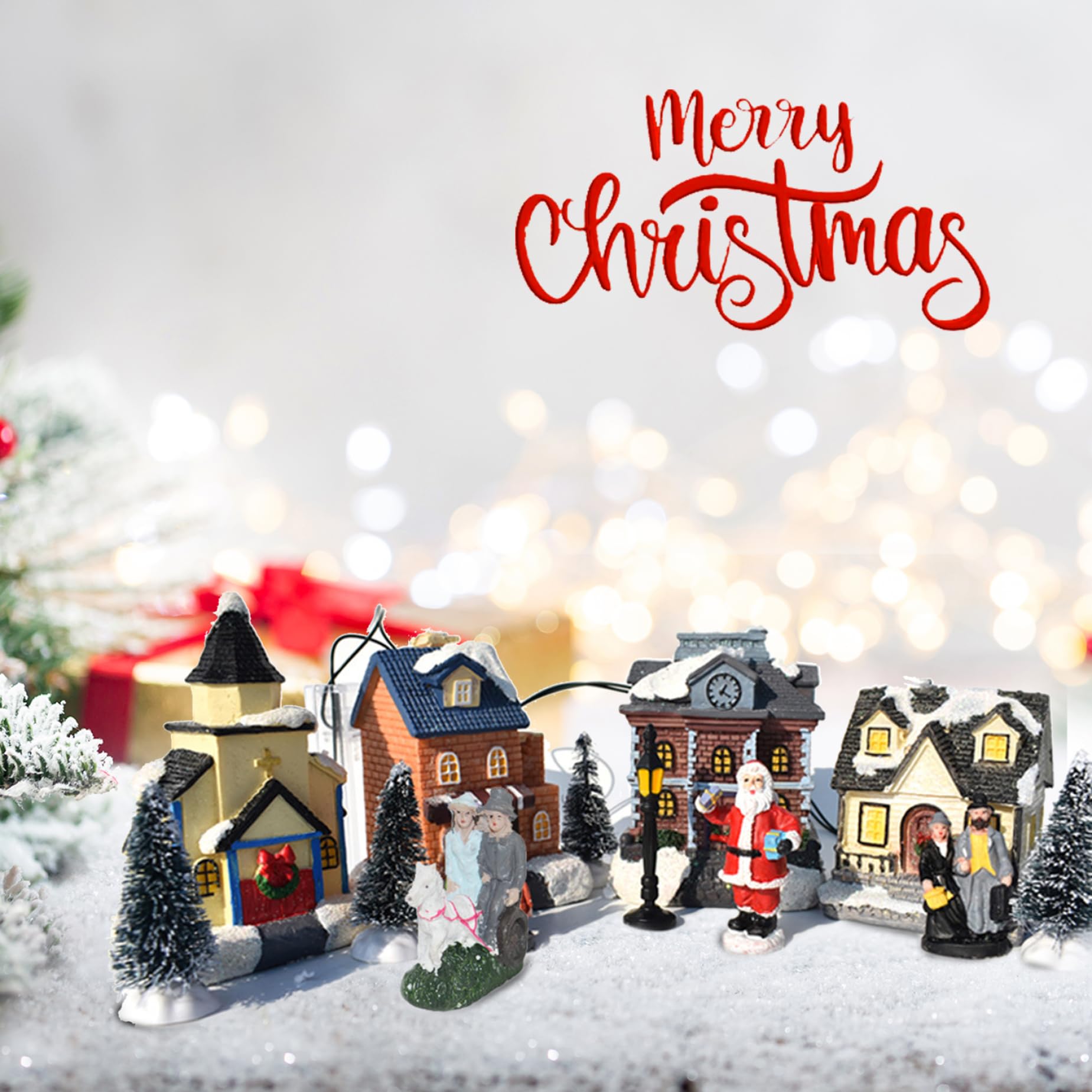 Conjuntos de Pueblo de Navidad, Conjuntos de Pueblo de Navidad 10 Piezas/Juego Ilumina Ciudad Decorativa de Resina de simulación de Invierno en Miniatura, sin batería