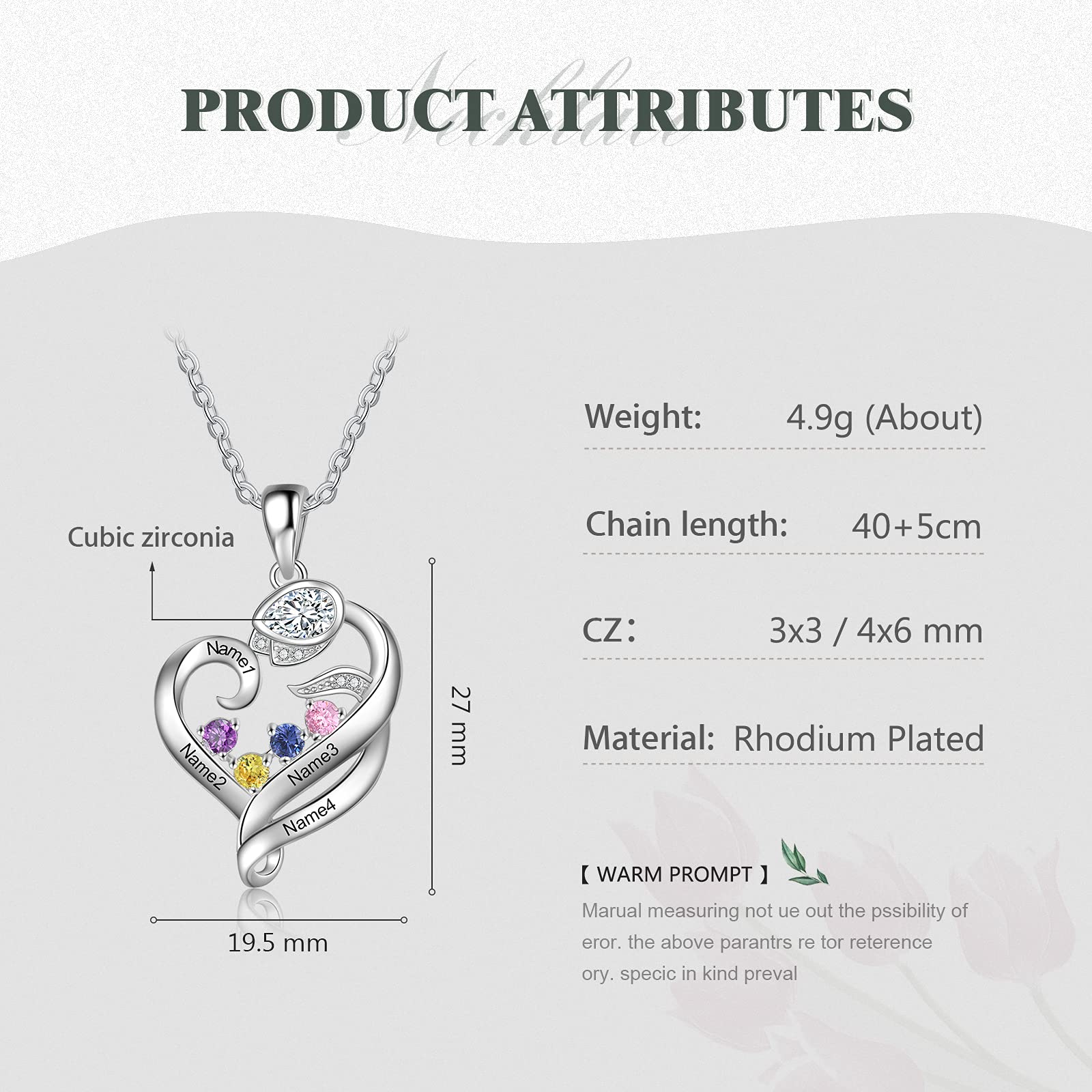 Collana Rosa Personalizzata Cuore 925 Argento Rosa Fiore Ciondolo con Incisione 2-4 Nome Birthstone BFF Collana Figlia Signore Regalo per la Festa della Mamma San Valentino